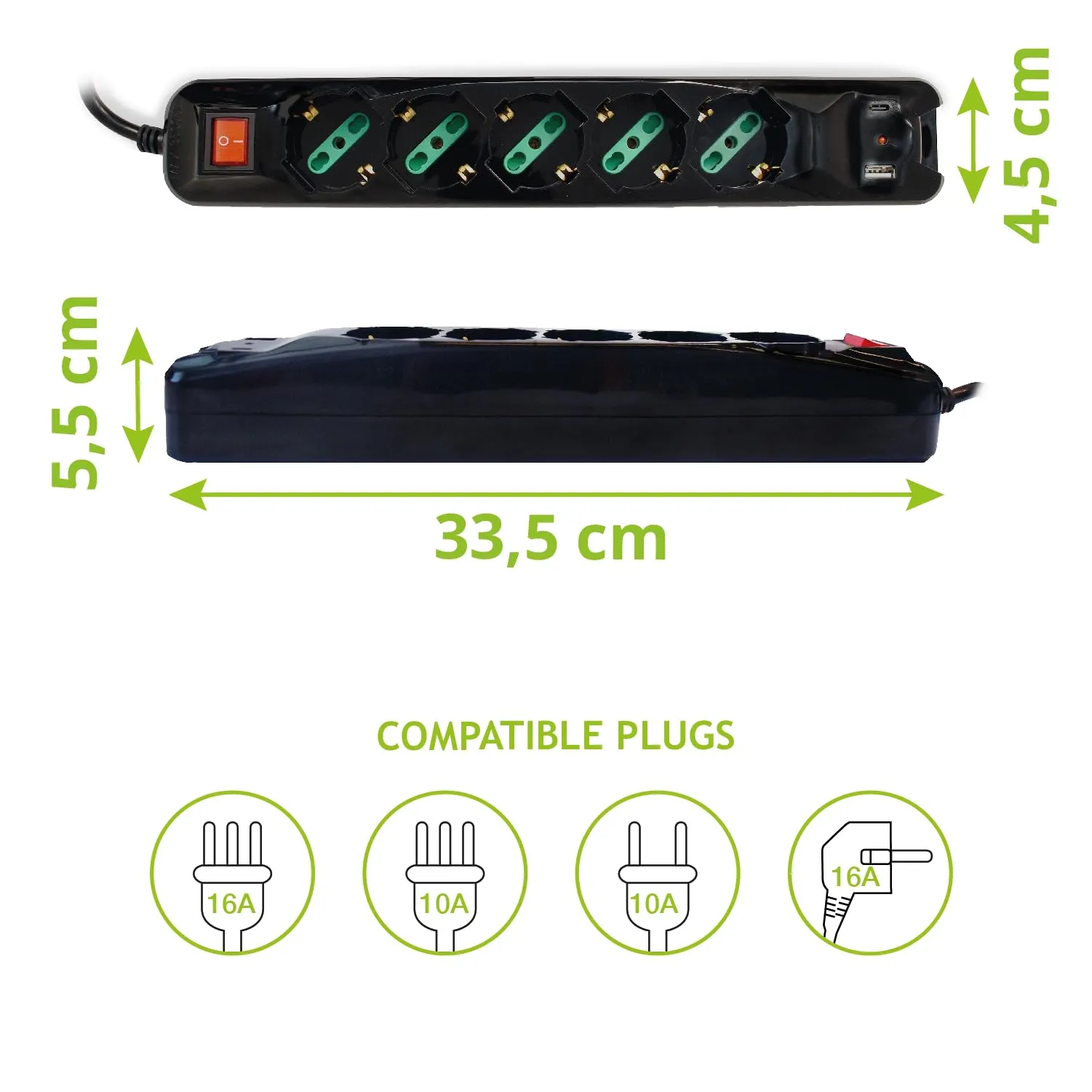 Tecnoware Power Systems Power Cleaner 5 - 5 Uscite Italia/Schuko, 1 USB-A, 1 USB-C PD & QC 3.0, Protezione Bambini, Cavo 1.5m, Nero - immagine 3
