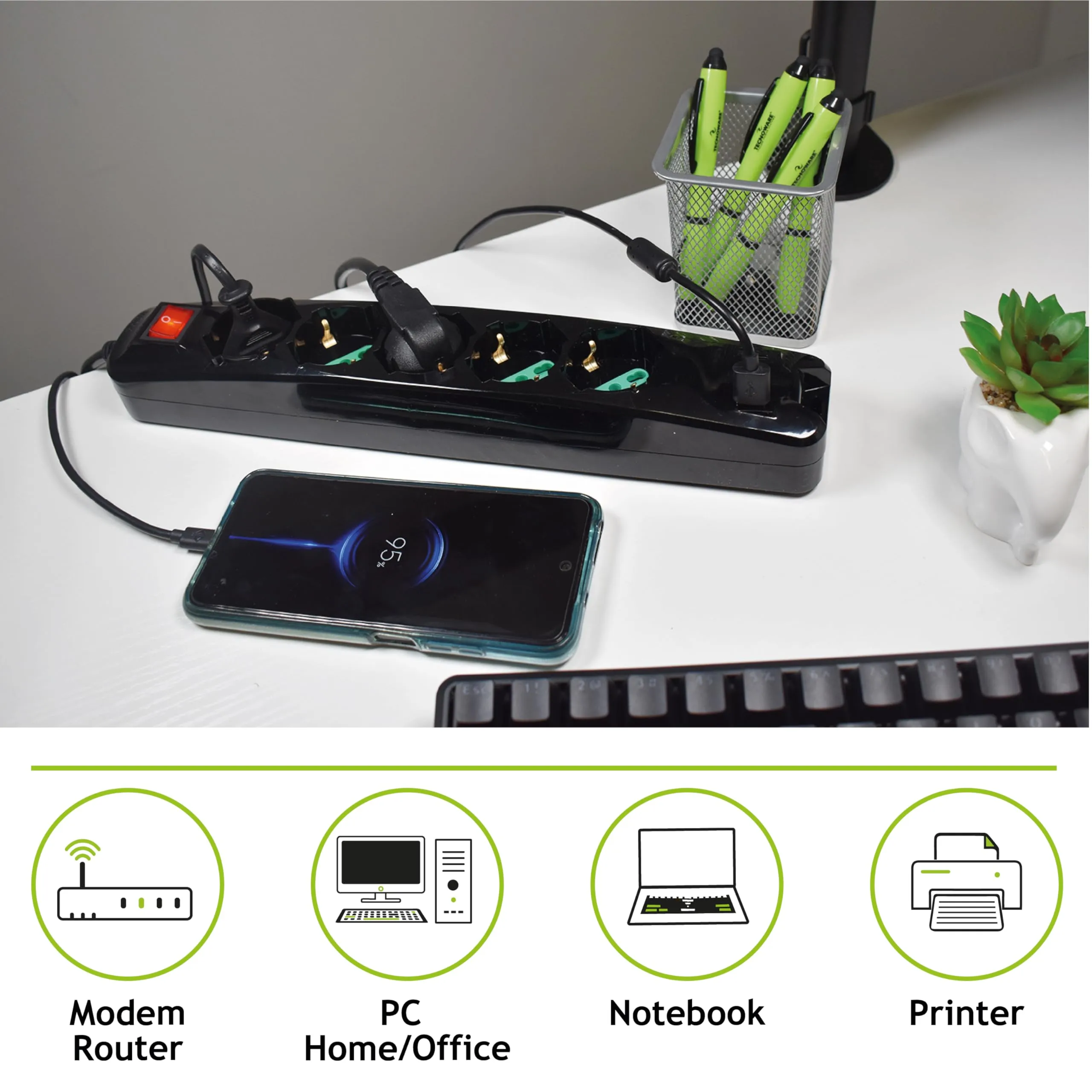 Tecnoware Power Systems Power Cleaner 5 - 5 Uscite Italia/Schuko, 1 USB-A, 1 USB-C PD & QC 3.0, Protezione Bambini, Cavo 1.5m, Nero - immagine 4