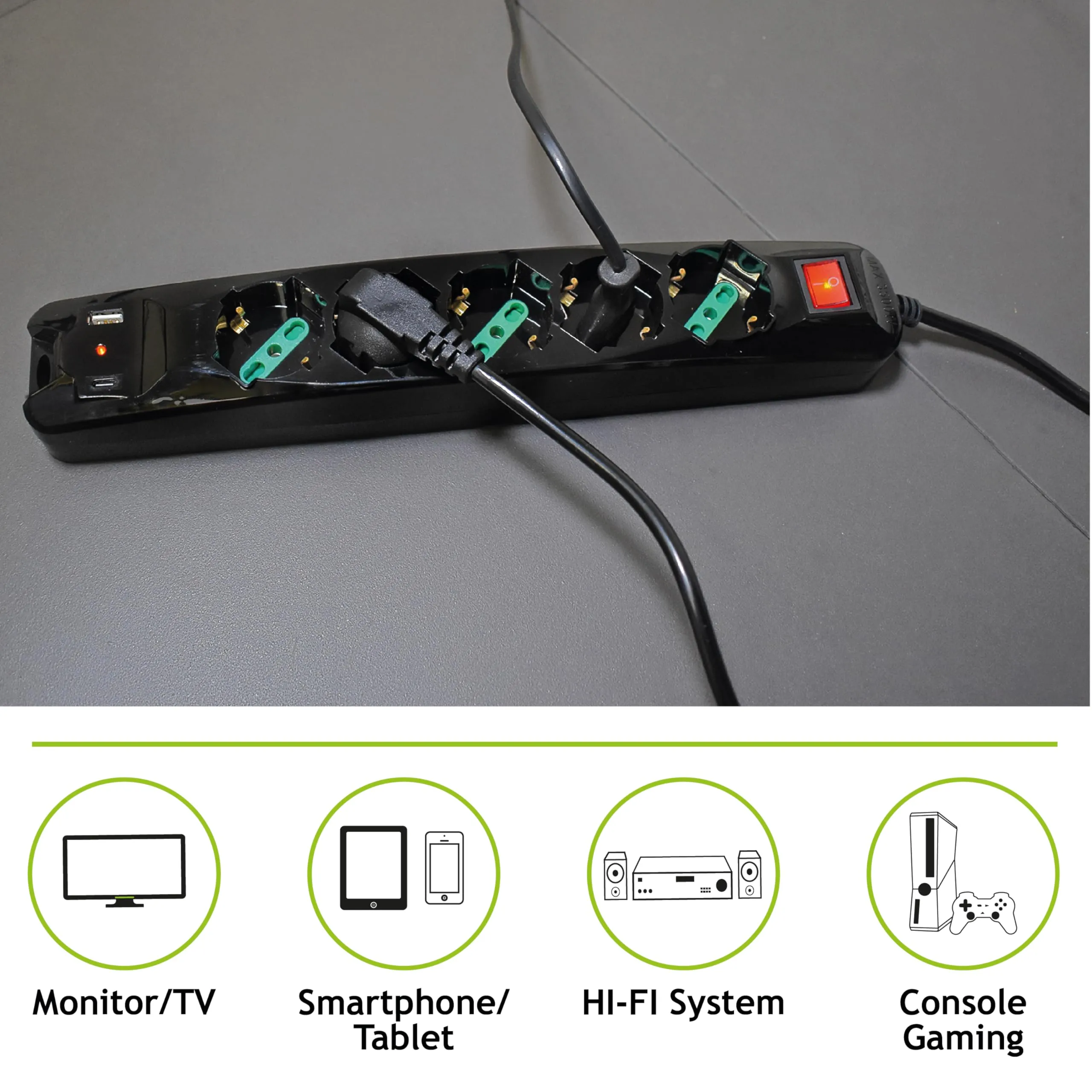 Tecnoware Power Systems Power Cleaner 5 - 5 Uscite Italia/Schuko, 1 USB-A, 1 USB-C PD & QC 3.0, Protezione Bambini, Cavo 1.5m, Nero - immagine 5