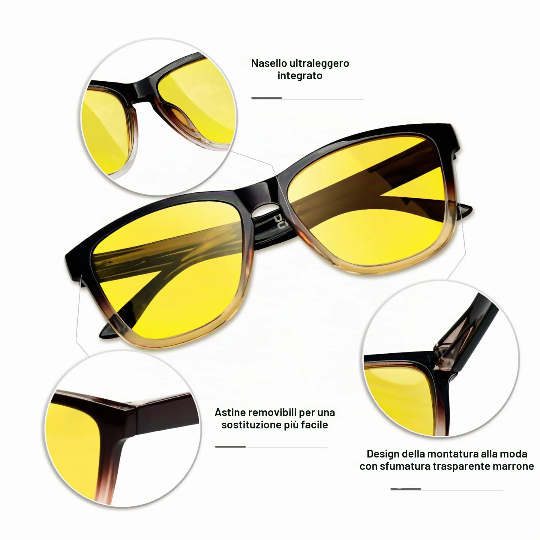 KANASTAL Occhiali Guida Notturna Unisex Lenti Gialle Montatura Marrone - immagine 4