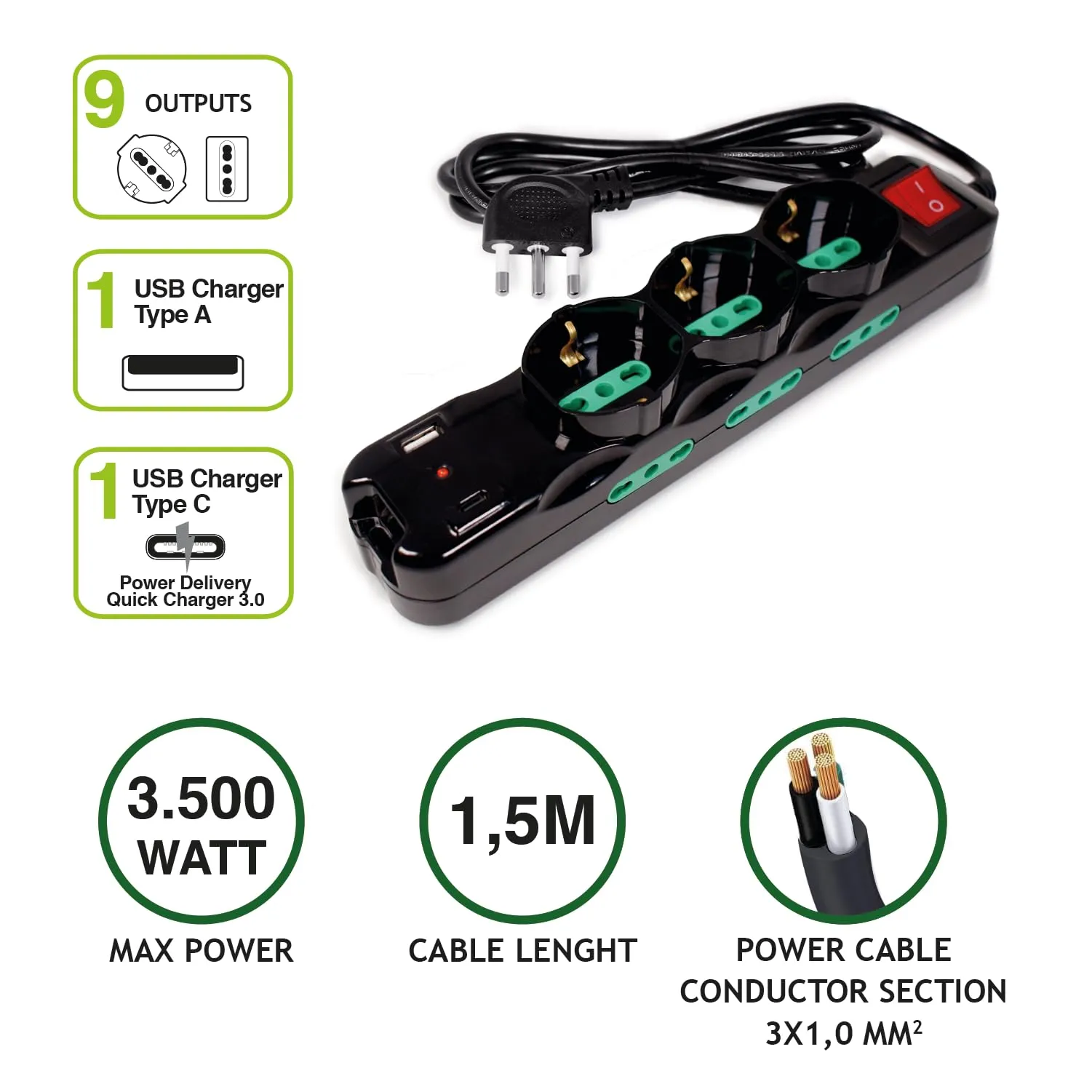 Tecnoware Power Systems Multipresa Power Cleaner 9, 3 Prese Schuko/Italia 10/16A, 6 Prese Italia 10/16A, USB-A e USB-C Quick Charger 3.0, Nero - immagine 2