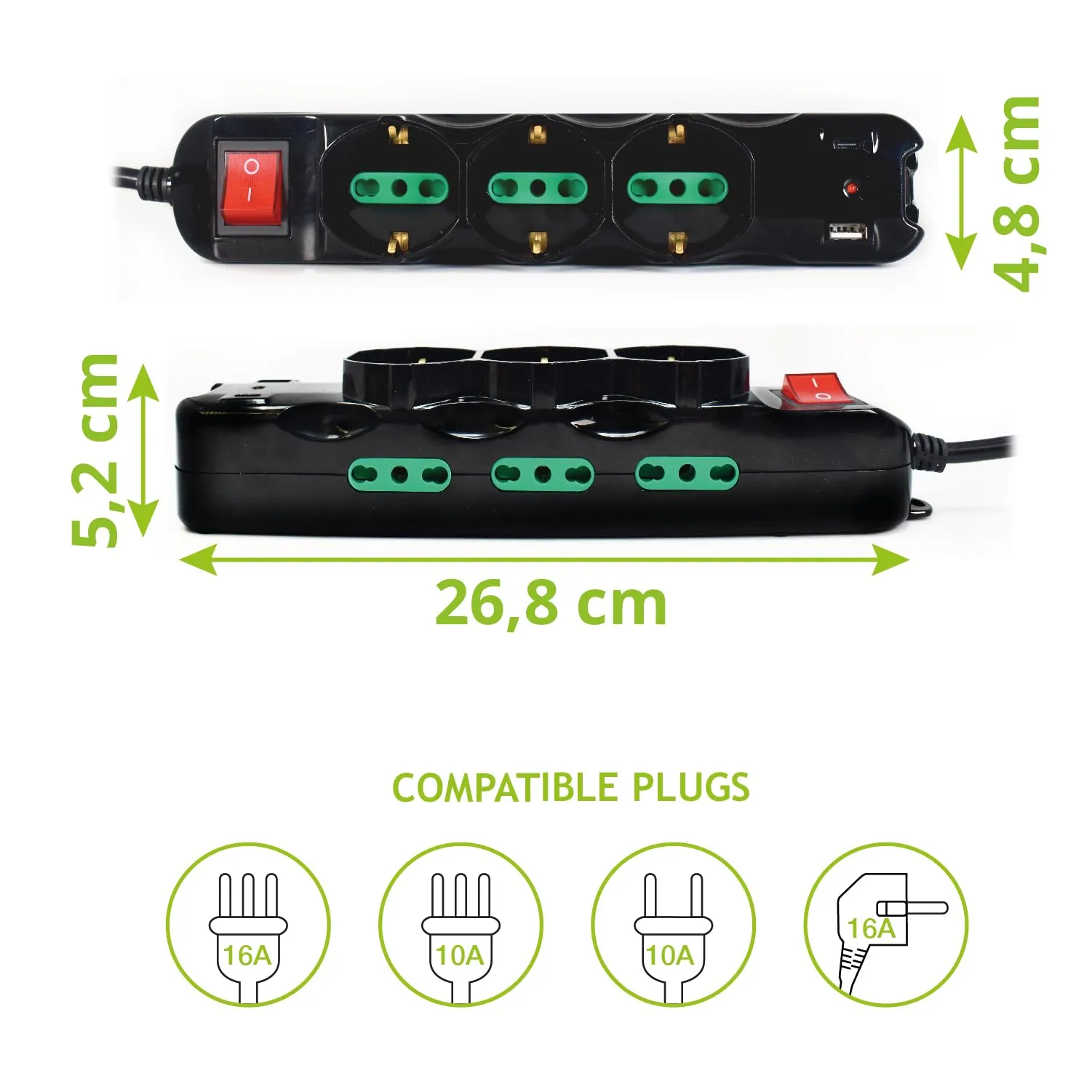 Tecnoware Power Systems Multipresa Power Cleaner 9, 3 Prese Schuko/Italia 10/16A, 6 Prese Italia 10/16A, USB-A e USB-C Quick Charger 3.0, Nero - immagine 3