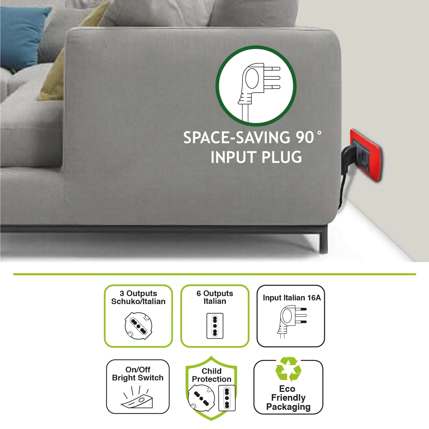 Tecnoware Power Systems Multipresa Power Cleaner 9, 3 Prese Schuko/Italia 10/16A, 6 Prese Italia 10/16A, USB-A e USB-C Quick Charger 3.0, Nero - immagine 4