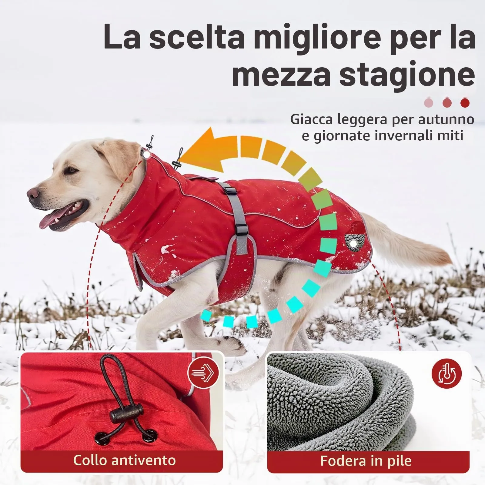 HEYWEAN Giacca Impermeabile Riflettente per Cani con Fodera in Pile, Rosso, XL - immagine 4