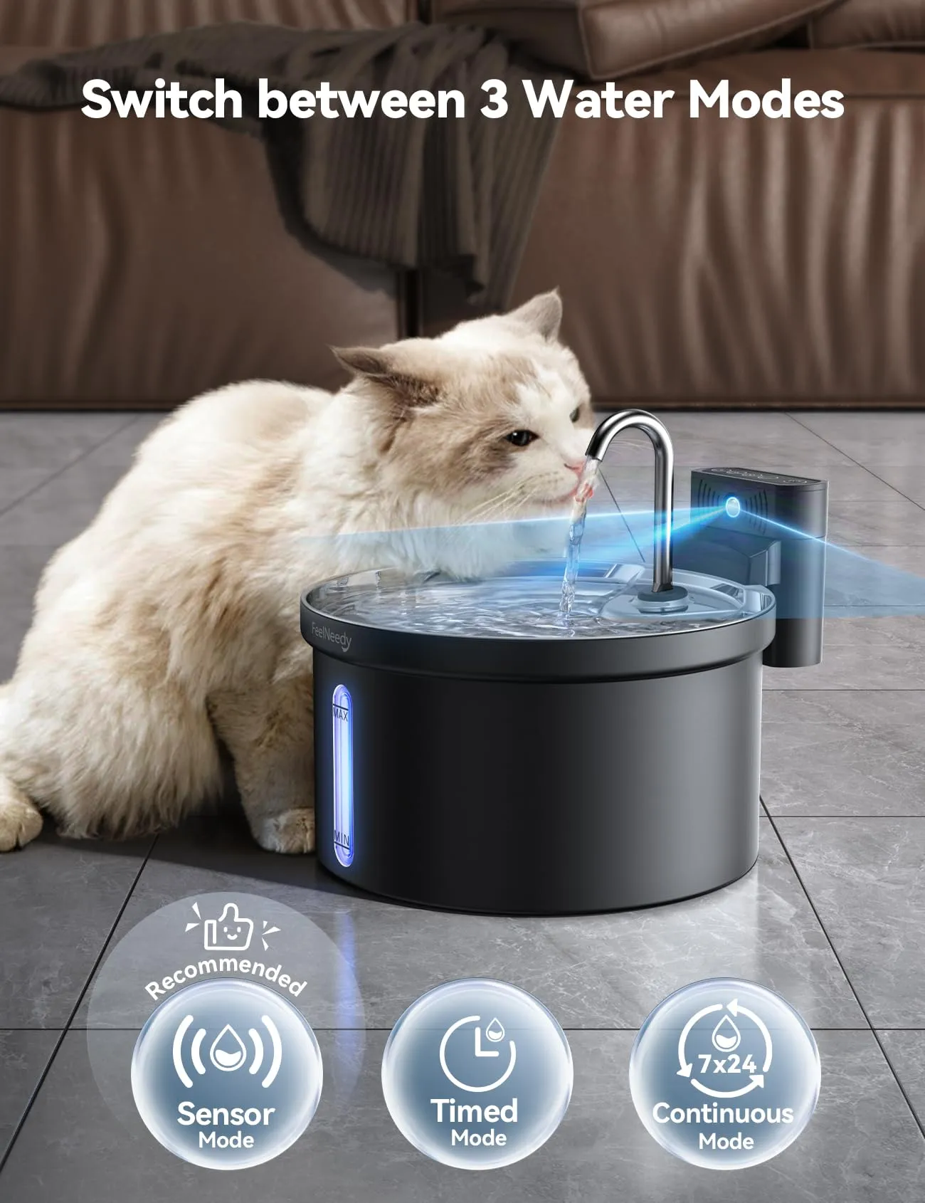FEELNEEDY Fontanella per Gatti senza Fili 3,5L con Sensore di Movimento, Acciaio Inox e ABS, Nero, FN-W08L - immagine 3