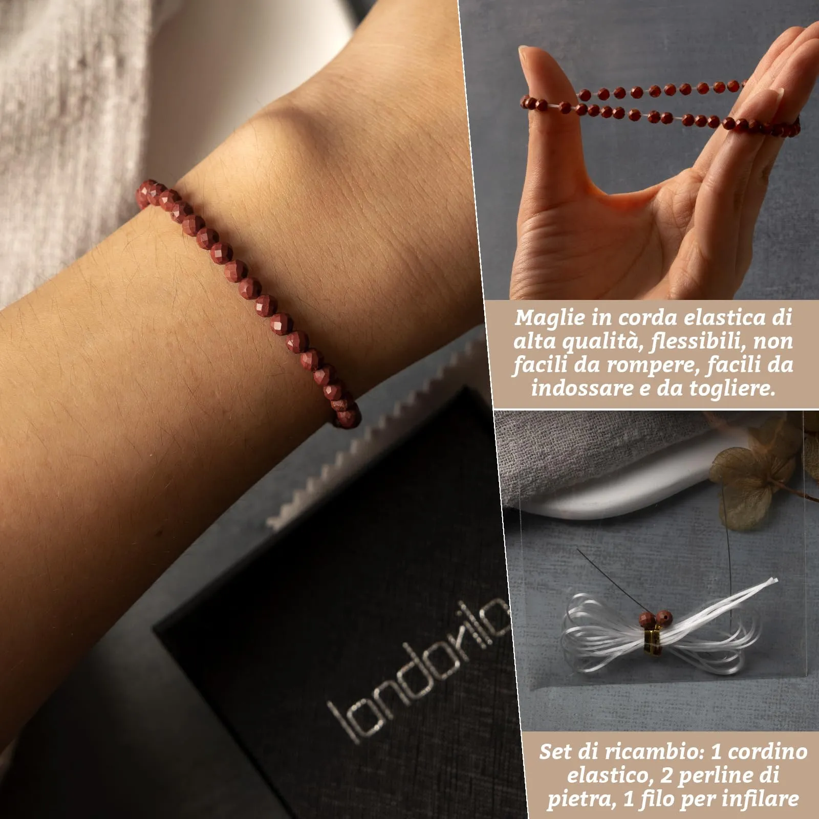 Landorilo Bracciale in Pietra Naturale Diaspro Rosso, 4 mm - immagine 5