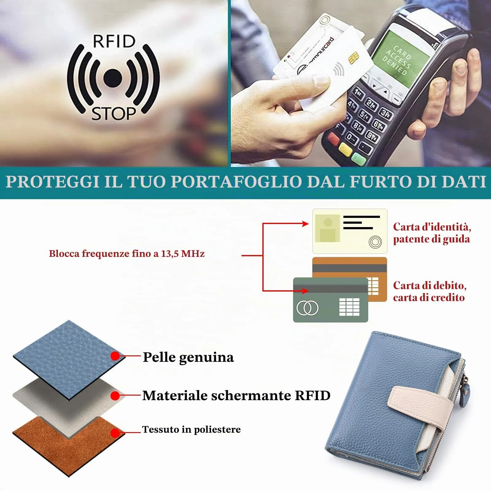 SENDEFN Portafoglio Donna in Pelle Vera Piccolo con RFID, 14 Slot Carte e Portamonete con Cerniera - immagine 6