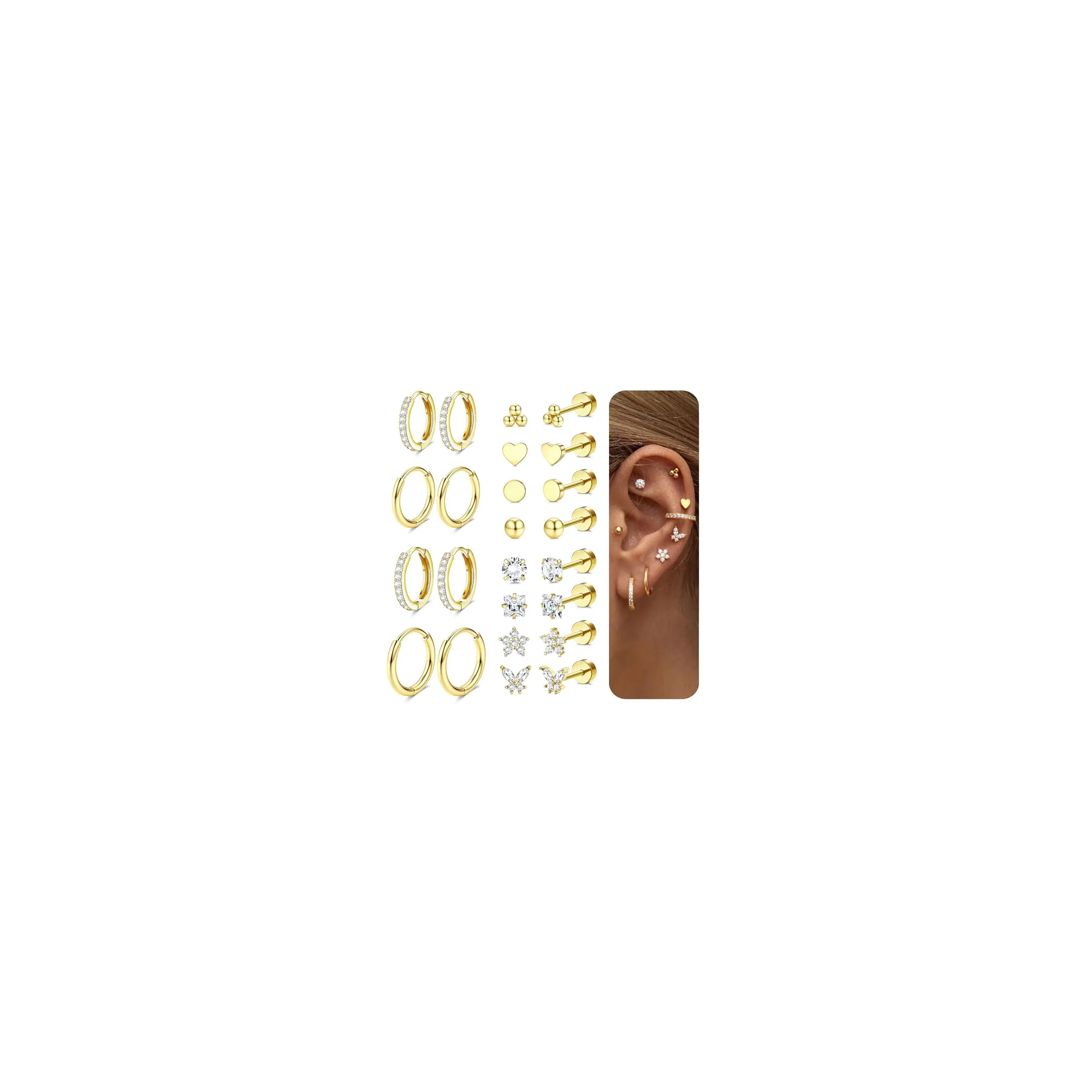 Diamday Set 12 Paia Orecchini Donna in Acciaio Chirurgico 316L Placcati Oro 14K, Ipoallergenici per Helix, Cartilagine e Multi Piercing - immagine 1