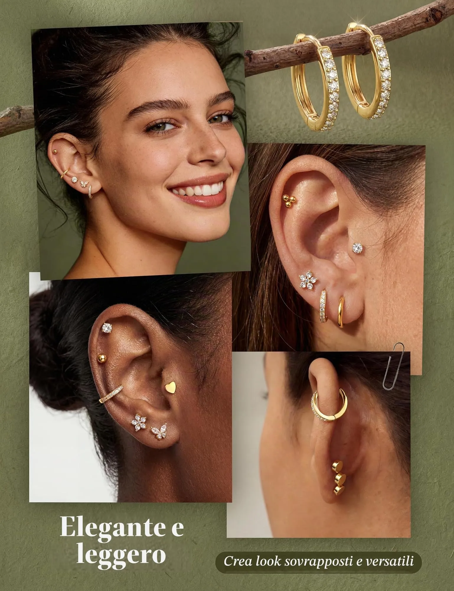 Diamday Set 12 Paia Orecchini Donna in Acciaio Chirurgico 316L Placcati Oro 14K, Ipoallergenici per Helix, Cartilagine e Multi Piercing - immagine 4