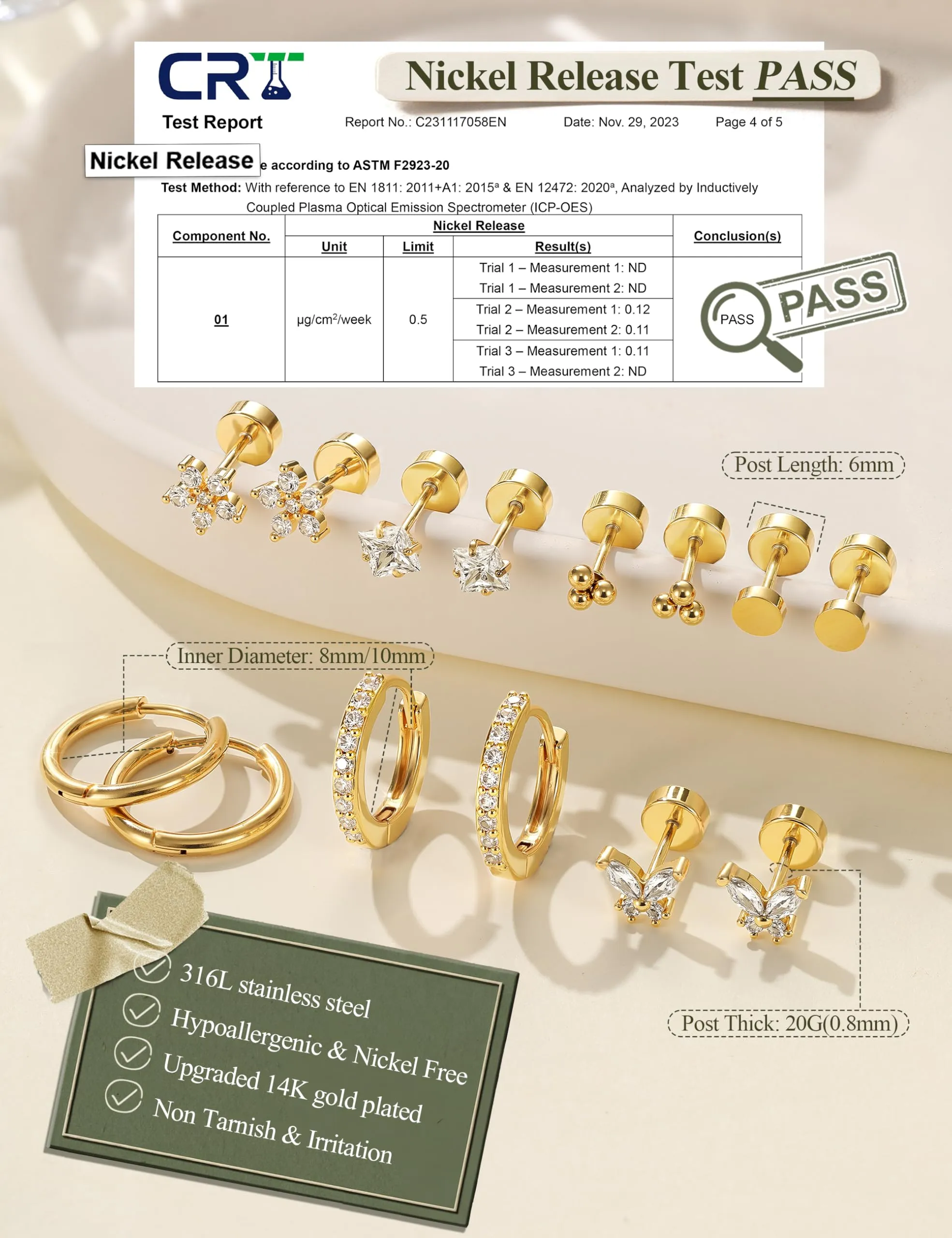 Diamday Set 12 Paia Orecchini Donna in Acciaio Chirurgico 316L Placcati Oro 14K, Ipoallergenici per Helix, Cartilagine e Multi Piercing - immagine 5