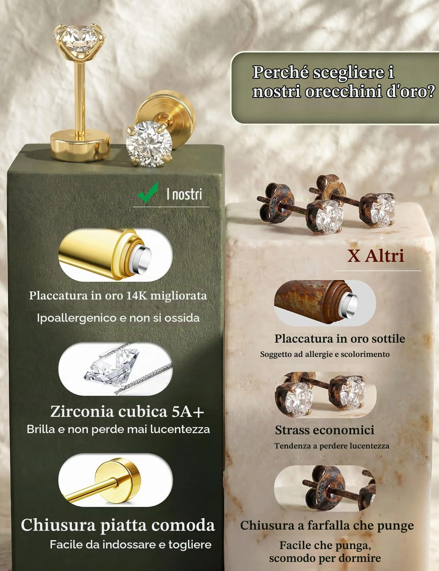 Diamday Set 12 Paia Orecchini Donna in Acciaio Chirurgico 316L Placcati Oro 14K, Ipoallergenici per Helix, Cartilagine e Multi Piercing - immagine 7