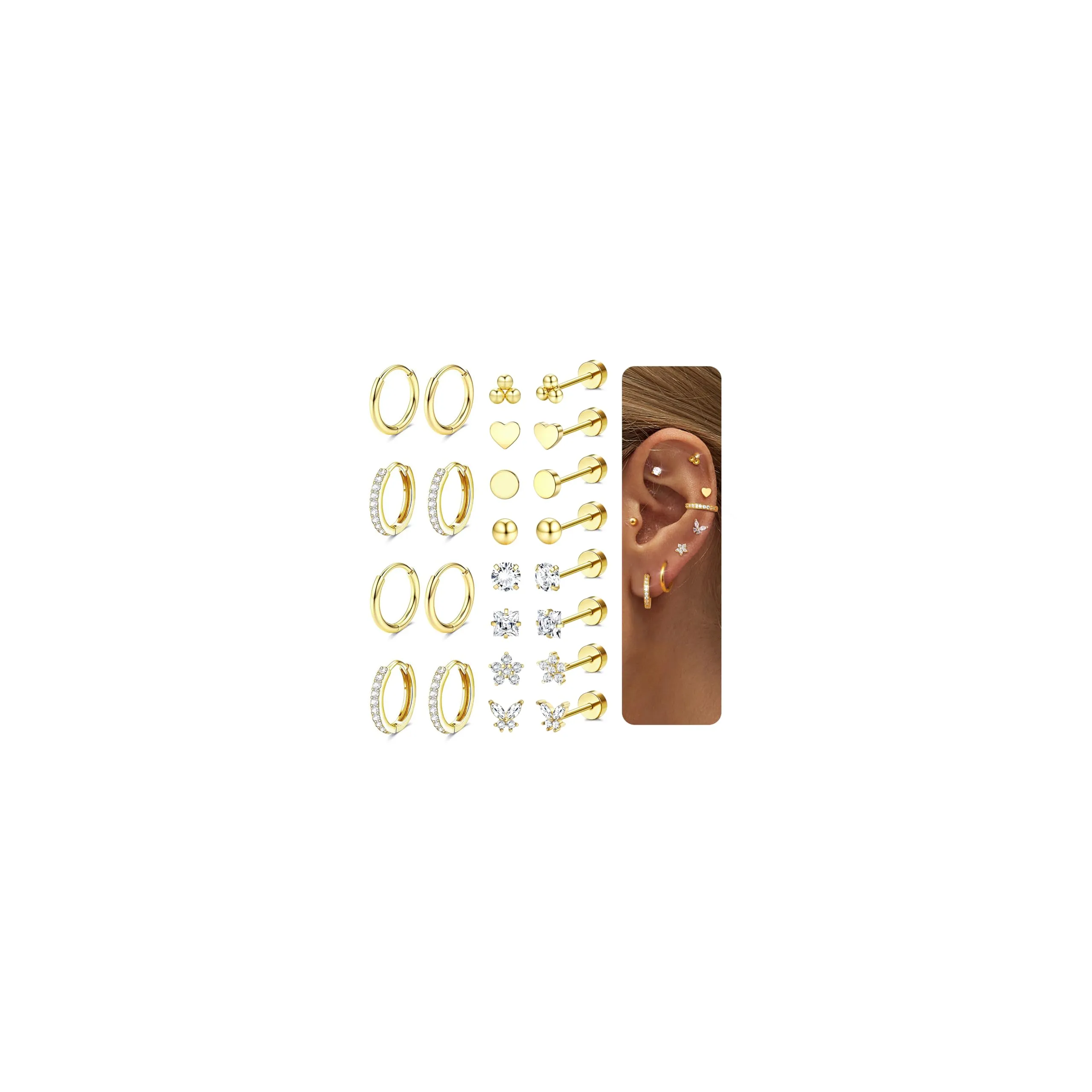 Diamday Set 12 Paia Orecchini Donna in Acciaio Chirurgico 316L Placcati Oro 14K, Ipoallergenici per Helix, Cartilagine e Multi Piercing - immagine 8