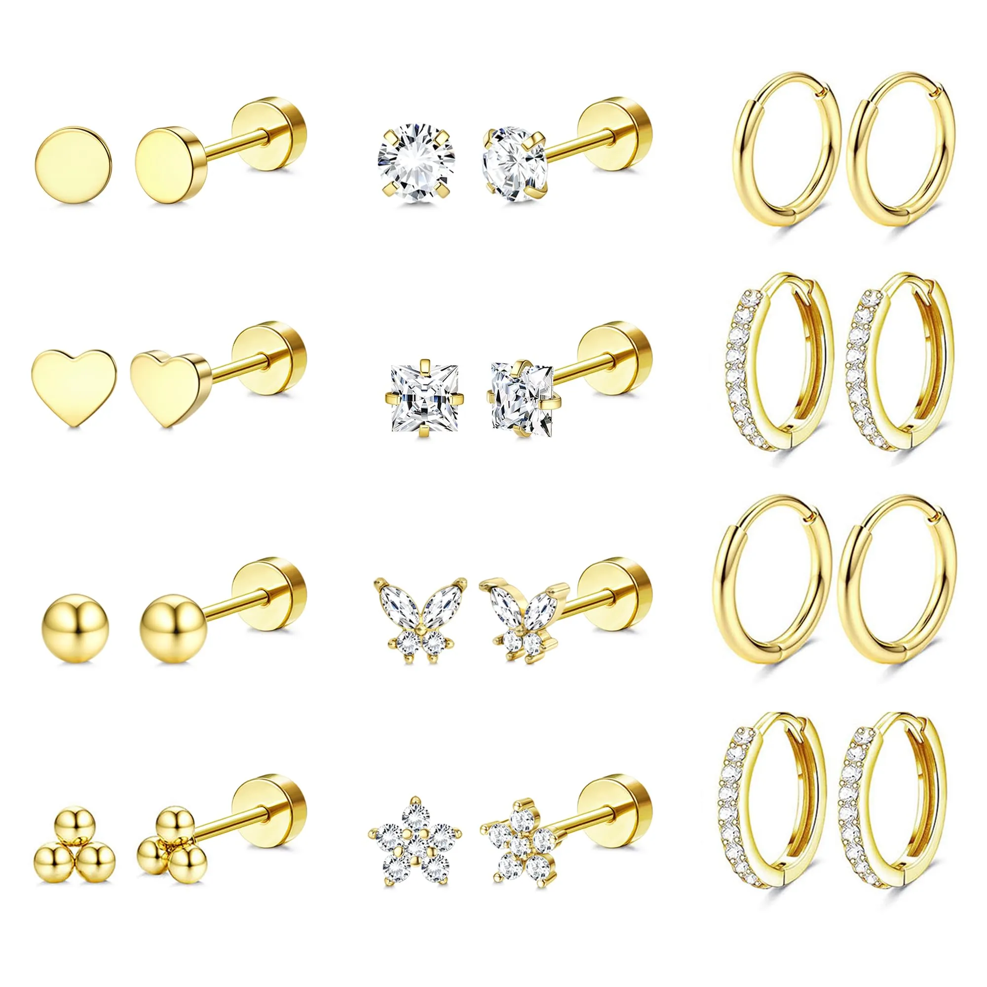 Diamday Set 12 Paia Orecchini Donna in Acciaio Chirurgico 316L Placcati Oro 14K, Ipoallergenici per Helix, Cartilagine e Multi Piercing - immagine 9