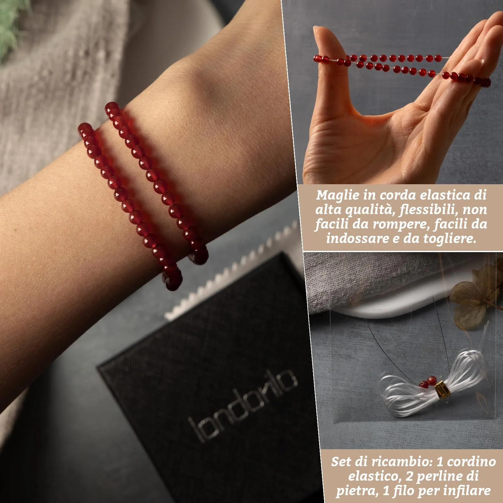 Landorilo Bracciale in Pietra Naturale Calcedonio Rosso, 4 mm, Set da 2 - immagine 5