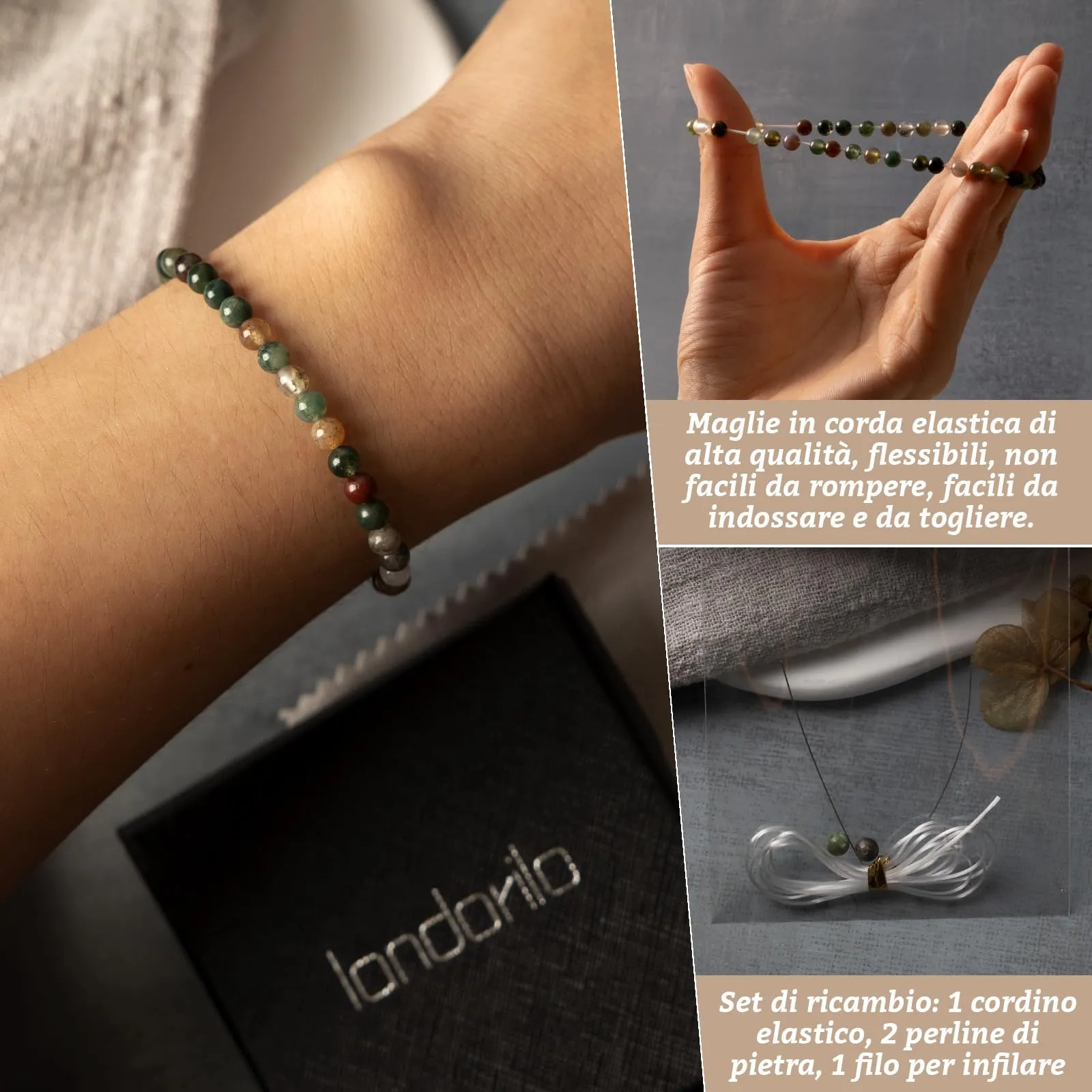 Landorilo Bracciale in Agata Indiana, Pietra Naturale 4 mm, 18-19 cm - immagine 5