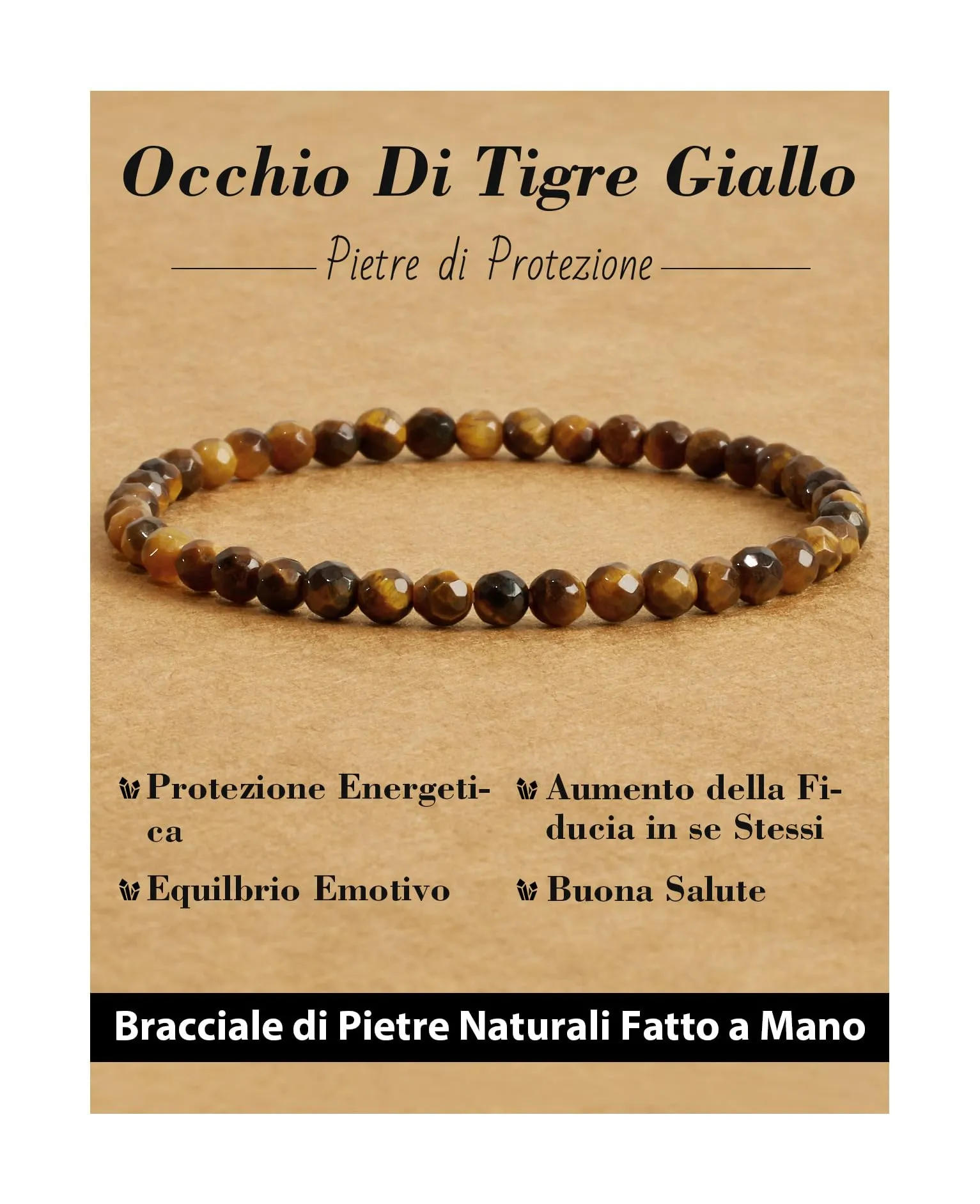Landorilo Bracciale in Pietra Naturale Occhio di Tigre Giallo, 4 mm - immagine 1