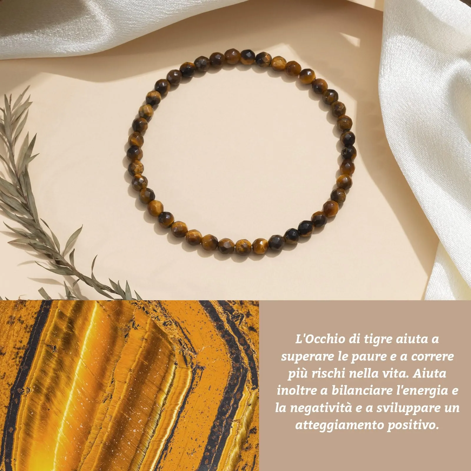 Landorilo Bracciale in Pietra Naturale Occhio di Tigre Giallo, 4 mm - immagine 3