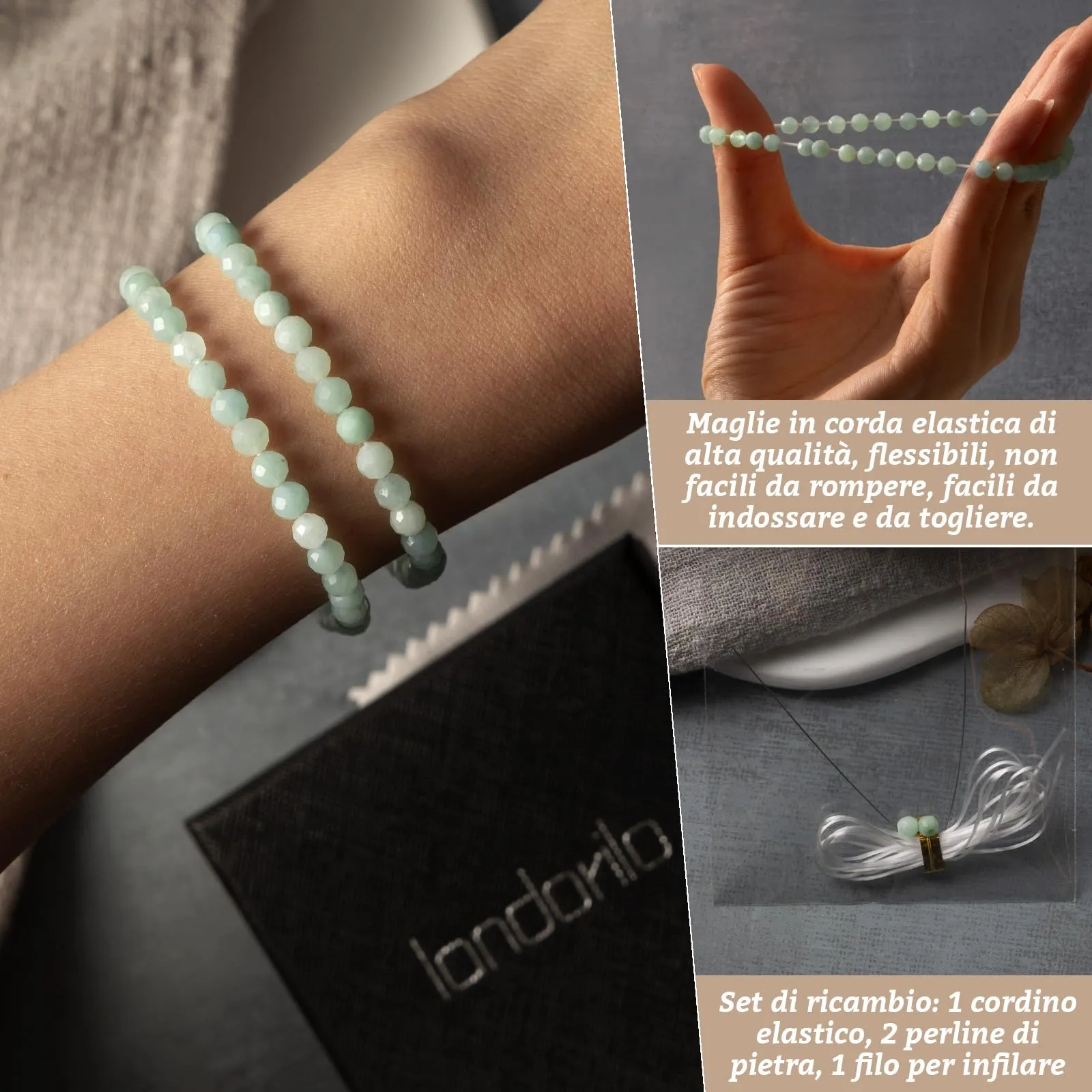 Landorilo Bracciale in Pietra Naturale Amazzonite Blu, 4 mm, 18-19 cm, Set da 2 pezzi - immagine 5
