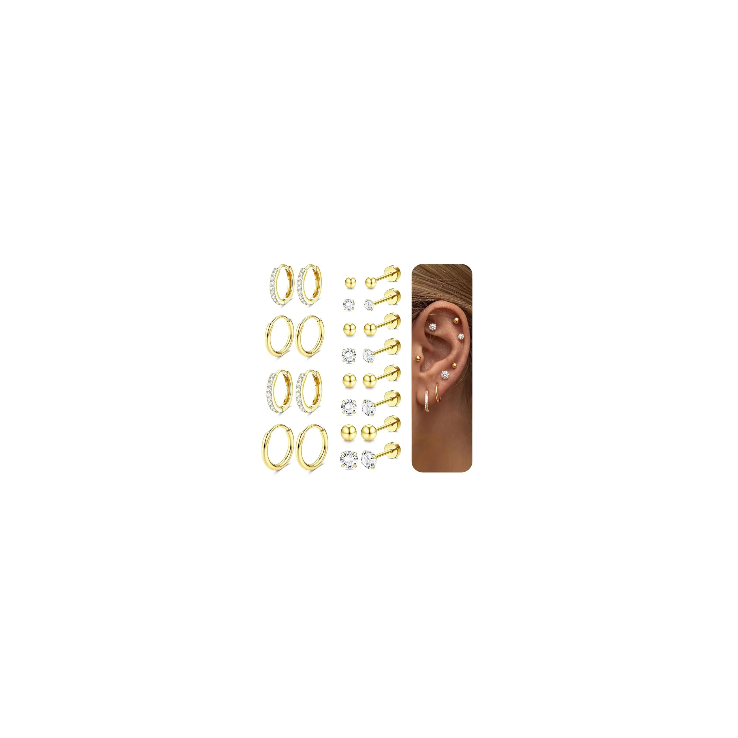 Diamday Set 12 Paia Orecchini in Acciaio Chirurgico Placcati Oro 14K, Cerchi e Punti Luce Ipoallergenici per Helix e Cartilagine - immagine 1