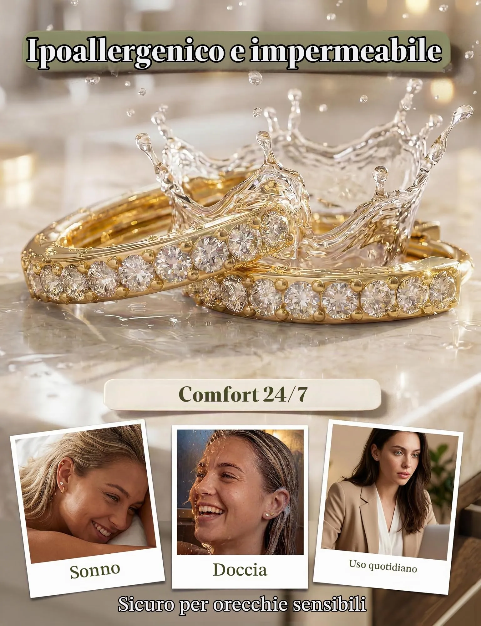 Diamday Set 12 Paia Orecchini in Acciaio Chirurgico Placcati Oro 14K, Cerchi e Punti Luce Ipoallergenici per Helix e Cartilagine - immagine 3