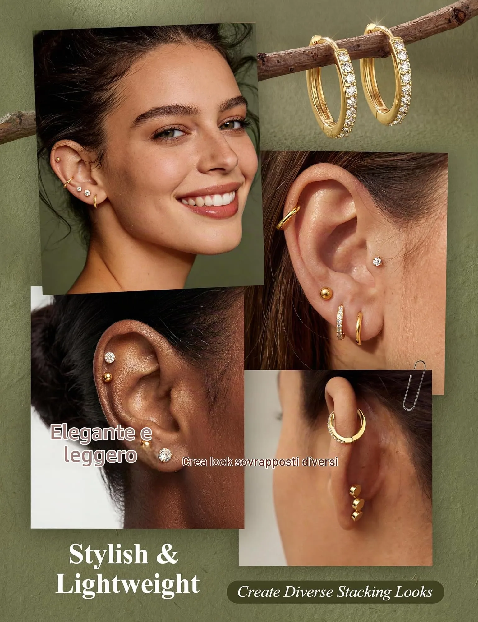 Diamday Set 12 Paia Orecchini in Acciaio Chirurgico Placcati Oro 14K, Cerchi e Punti Luce Ipoallergenici per Helix e Cartilagine - immagine 4