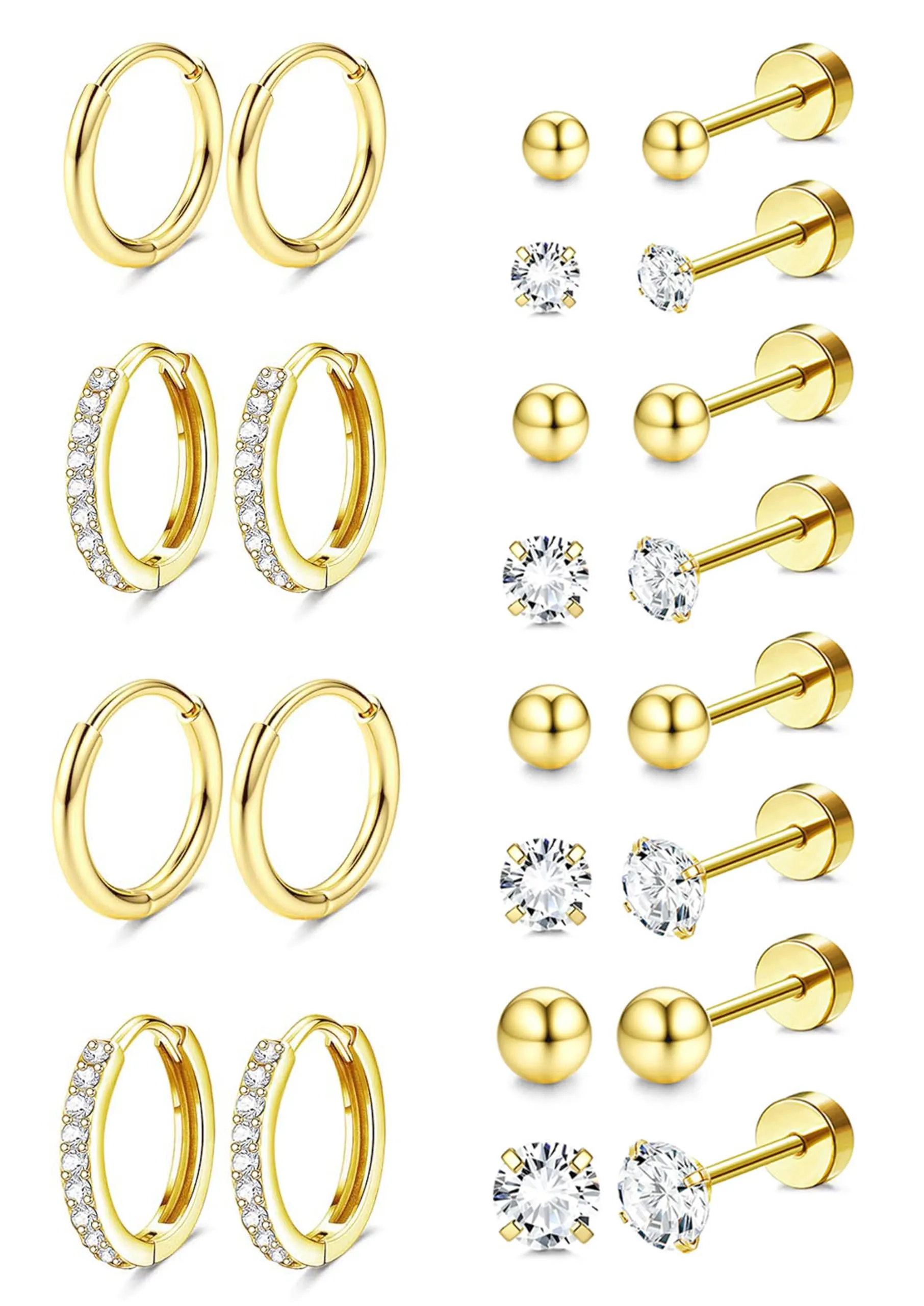 Diamday Set 12 Paia Orecchini in Acciaio Chirurgico Placcati Oro 14K, Cerchi e Punti Luce Ipoallergenici per Helix e Cartilagine - immagine 8
