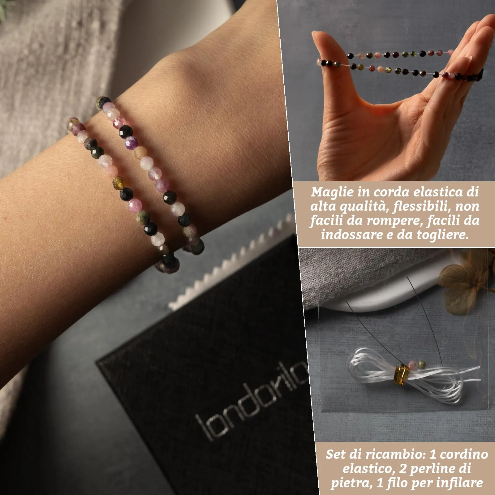 Landorilo Bracciale in Pietra Naturale Diaspro Colorato, 4 mm, 18-19 cm, Set da 2 pezzi - immagine 5