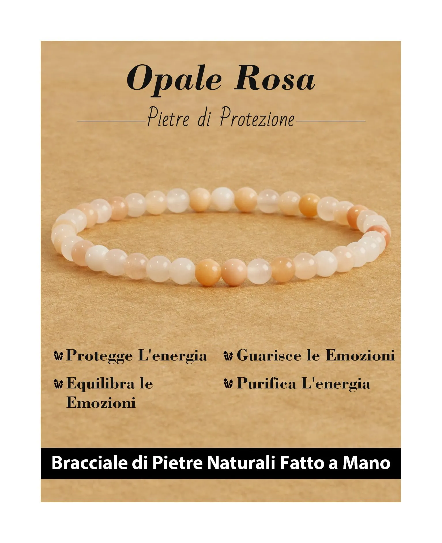 Landorilo Bracciale in Pietra Naturale 4 mm, Opale Rosa - immagine 1