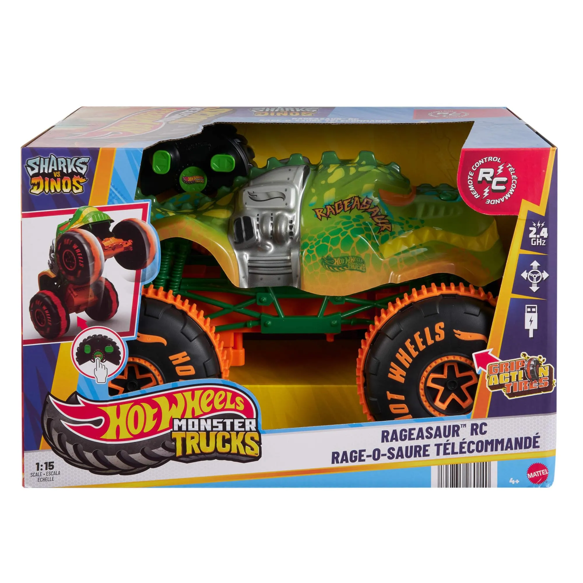 Hot Wheels Monster Trucks Rageasaur RC Vehicle, 1:15 Scale, JBH03 - immagine 5