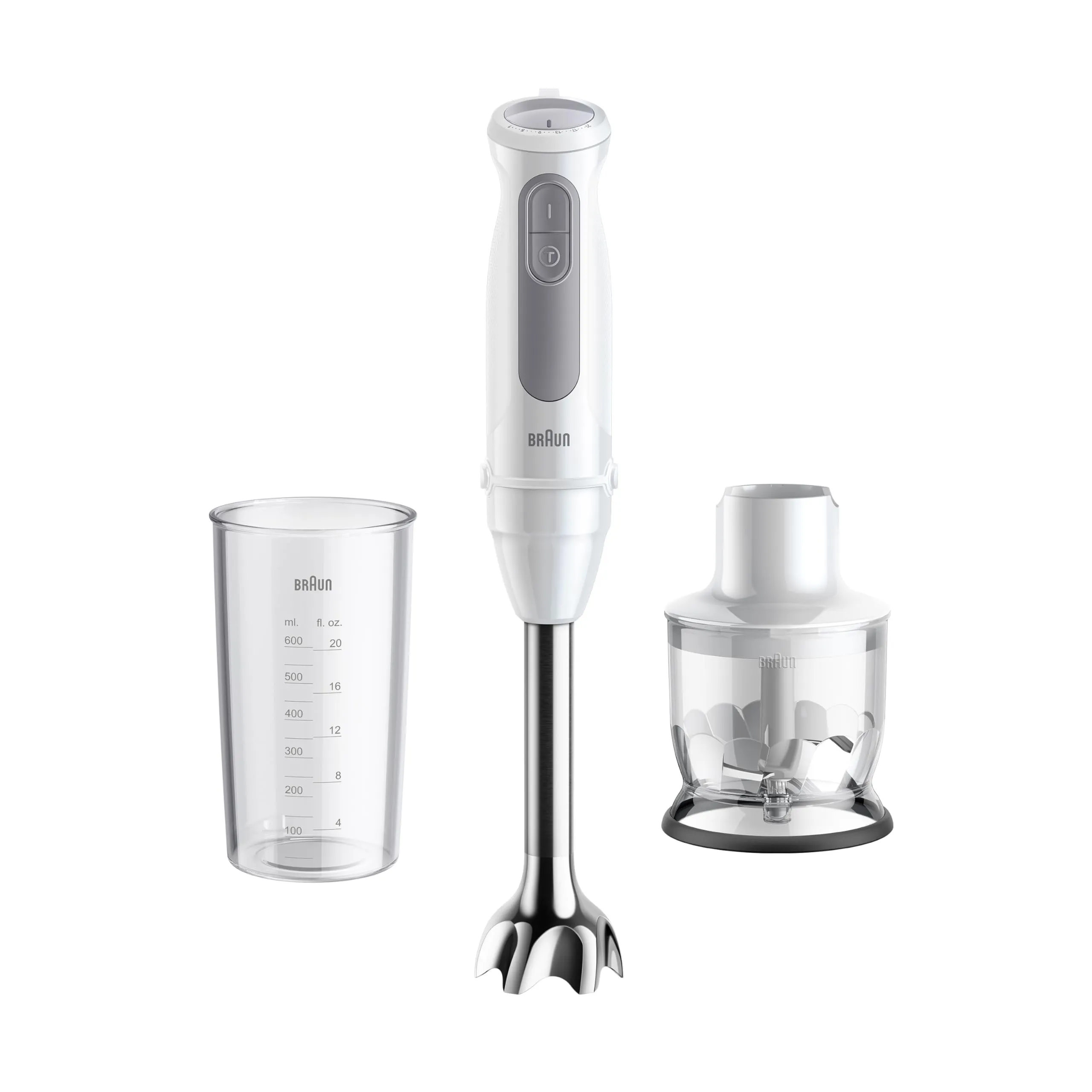 Braun MultiQuick 5 MQ50.201M Minipimer PowerBell Plus, 21 Velocità + Turbo, EasyClick Plus, Asta in Acciaio Inox, Tritatutto 350ml e Bicchiere 600ml, 1000W, Bianco - immagine 1