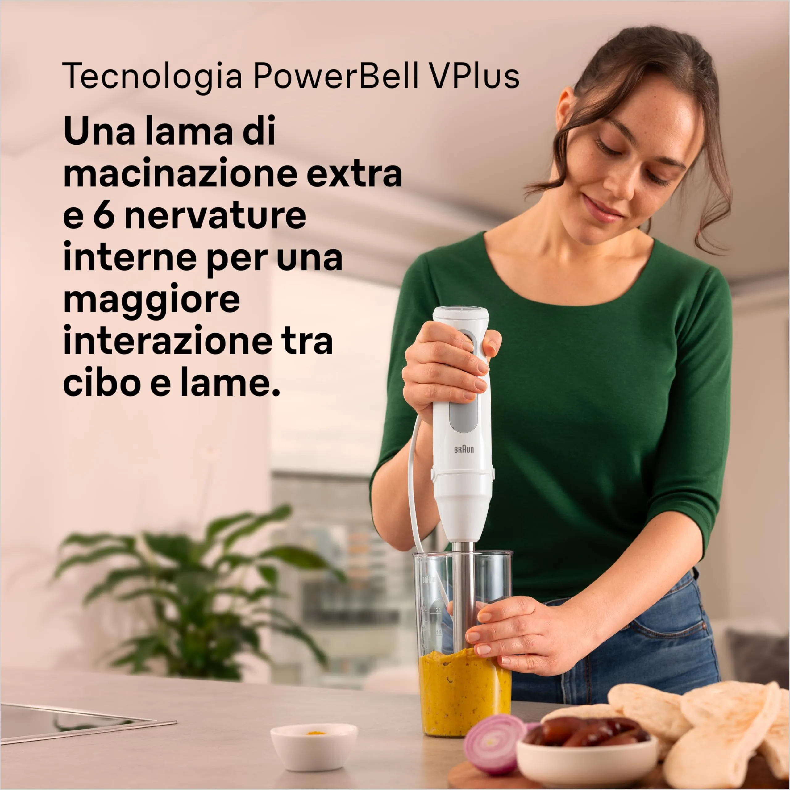 Braun MultiQuick 5 MQ50.201M Minipimer PowerBell Plus, 21 Velocità + Turbo, EasyClick Plus, Asta in Acciaio Inox, Tritatutto 350ml e Bicchiere 600ml, 1000W, Bianco - immagine 3