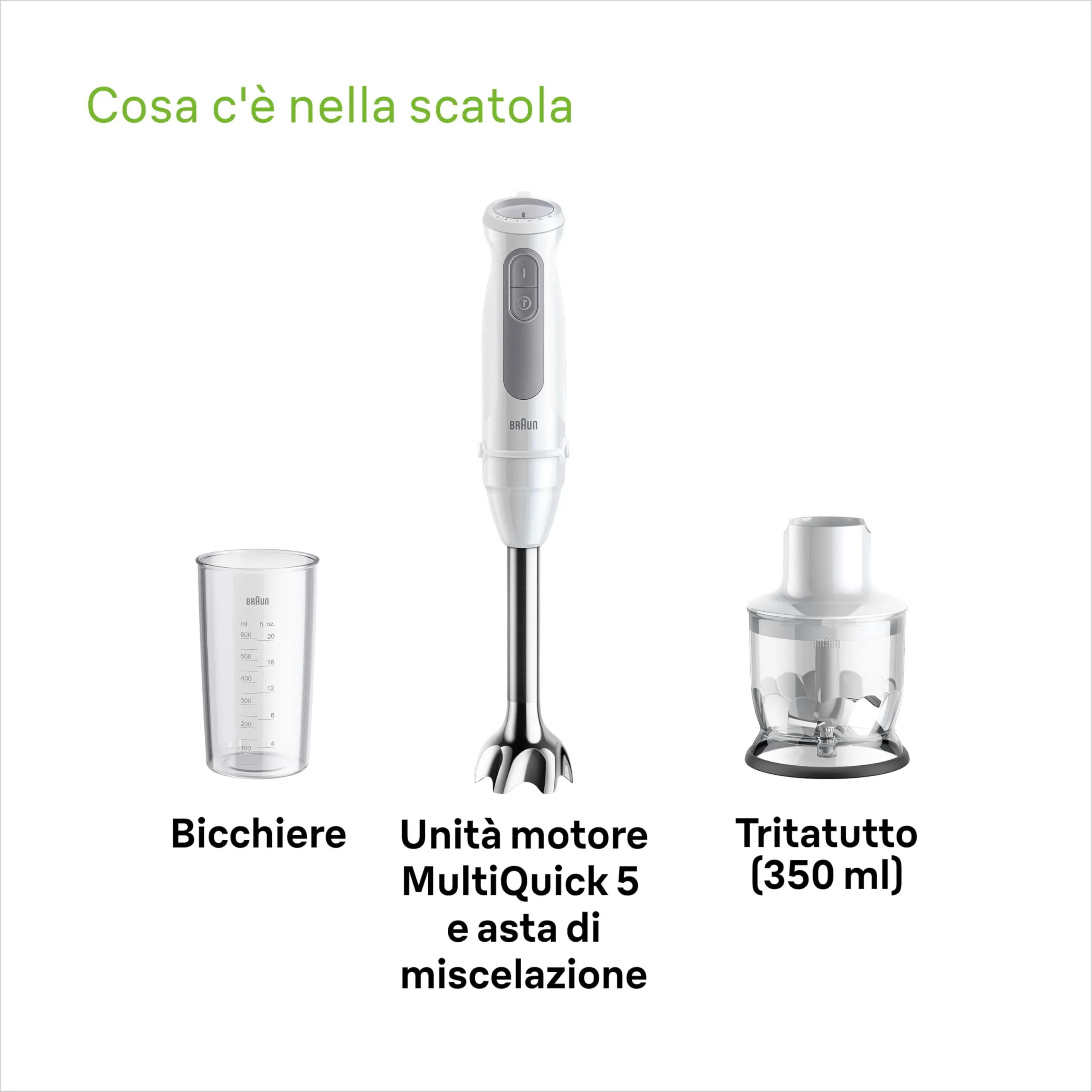 Braun MultiQuick 5 MQ50.201M Minipimer PowerBell Plus, 21 Velocità + Turbo, EasyClick Plus, Asta in Acciaio Inox, Tritatutto 350ml e Bicchiere 600ml, 1000W, Bianco - immagine 7