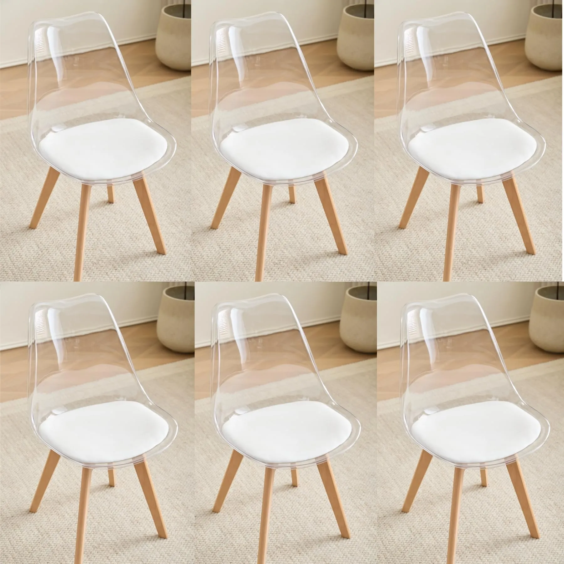 JZGORC Set di 6 Sedie da Pranzo Moderne, Schienale Trasparente, Seduta in Pelle PU Bianca e Gambe in Legno di Faggio - immagine 1