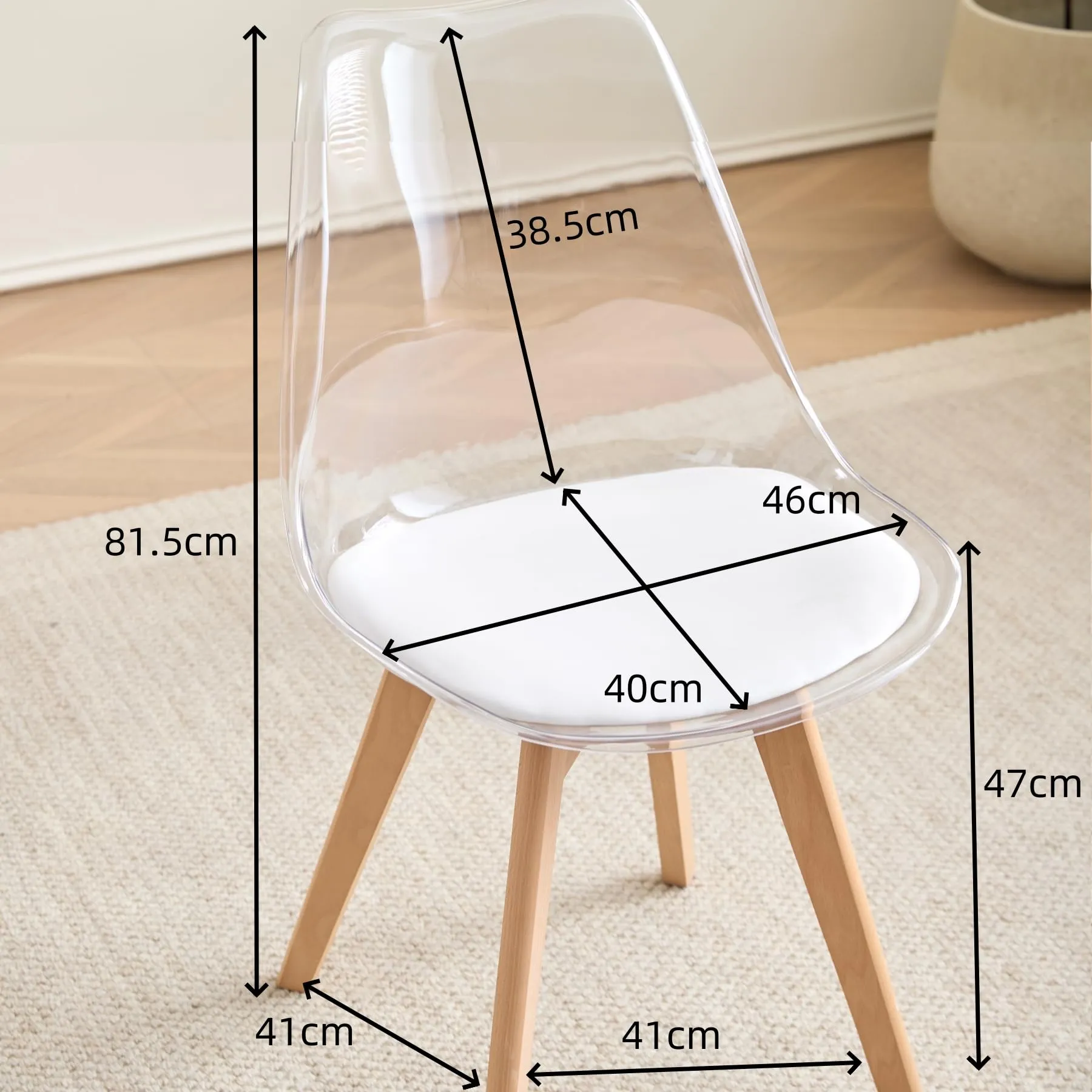 JZGORC Set di 6 Sedie da Pranzo Moderne, Schienale Trasparente, Seduta in Pelle PU Bianca e Gambe in Legno di Faggio - immagine 3