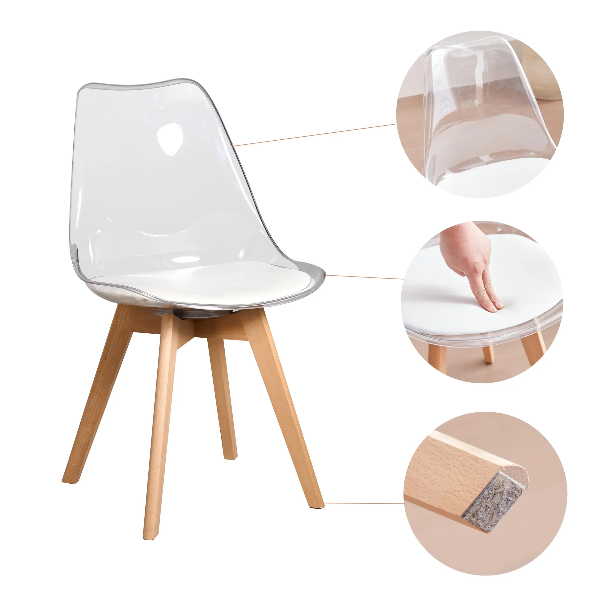 JZGORC Set di 6 Sedie da Pranzo Moderne, Schienale Trasparente, Seduta in Pelle PU Bianca e Gambe in Legno di Faggio - immagine 4