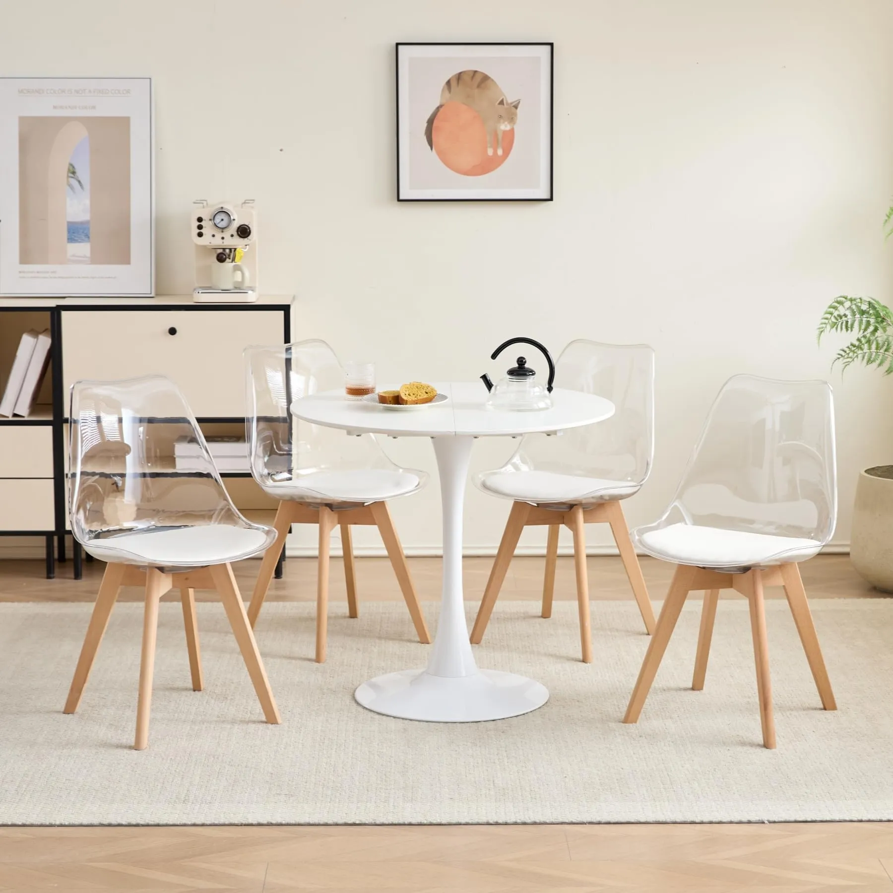 JZGORC Set di 6 Sedie da Pranzo Moderne, Schienale Trasparente, Seduta in Pelle PU Bianca e Gambe in Legno di Faggio - immagine 5