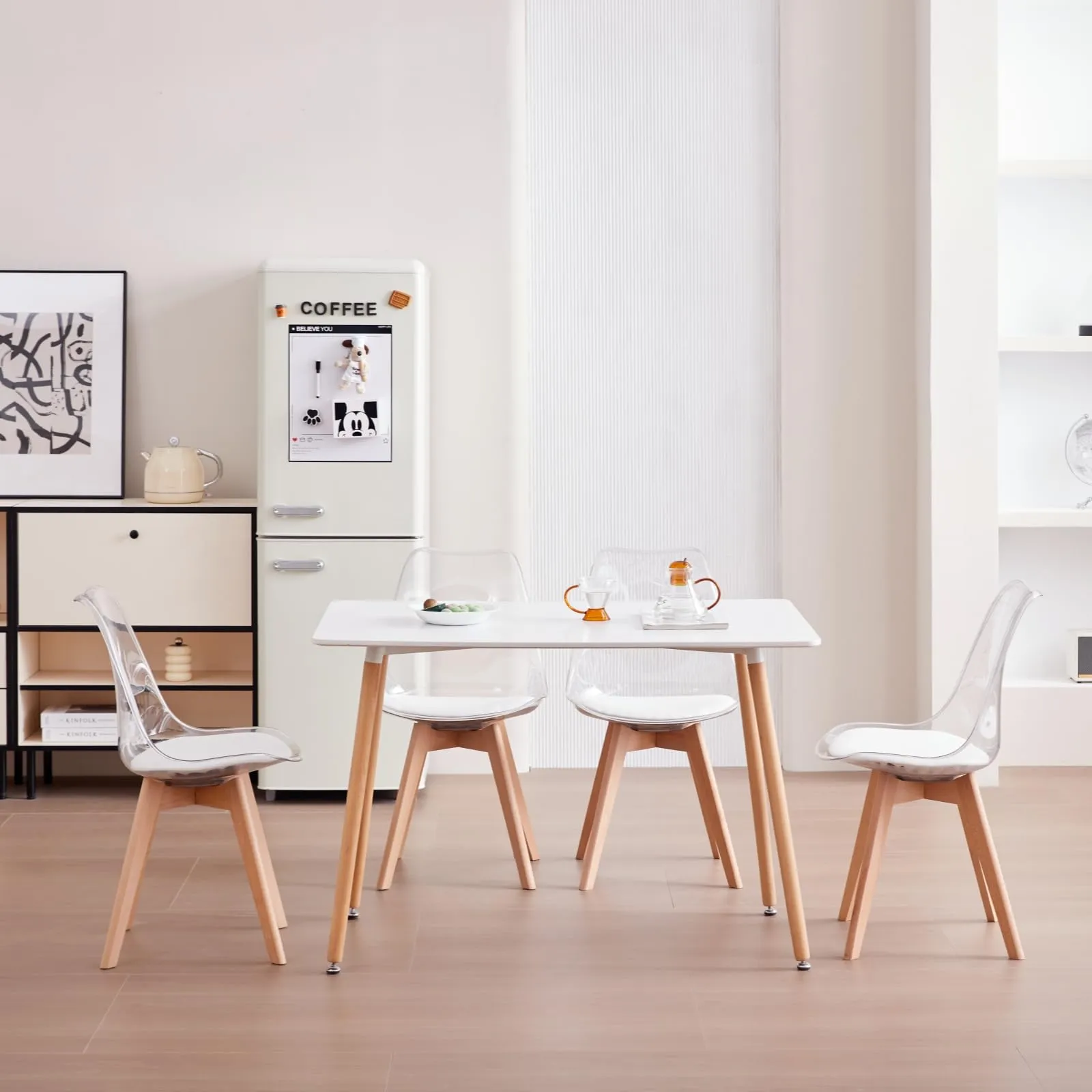 JZGORC Set di 6 Sedie da Pranzo Moderne, Schienale Trasparente, Seduta in Pelle PU Bianca e Gambe in Legno di Faggio - immagine 7