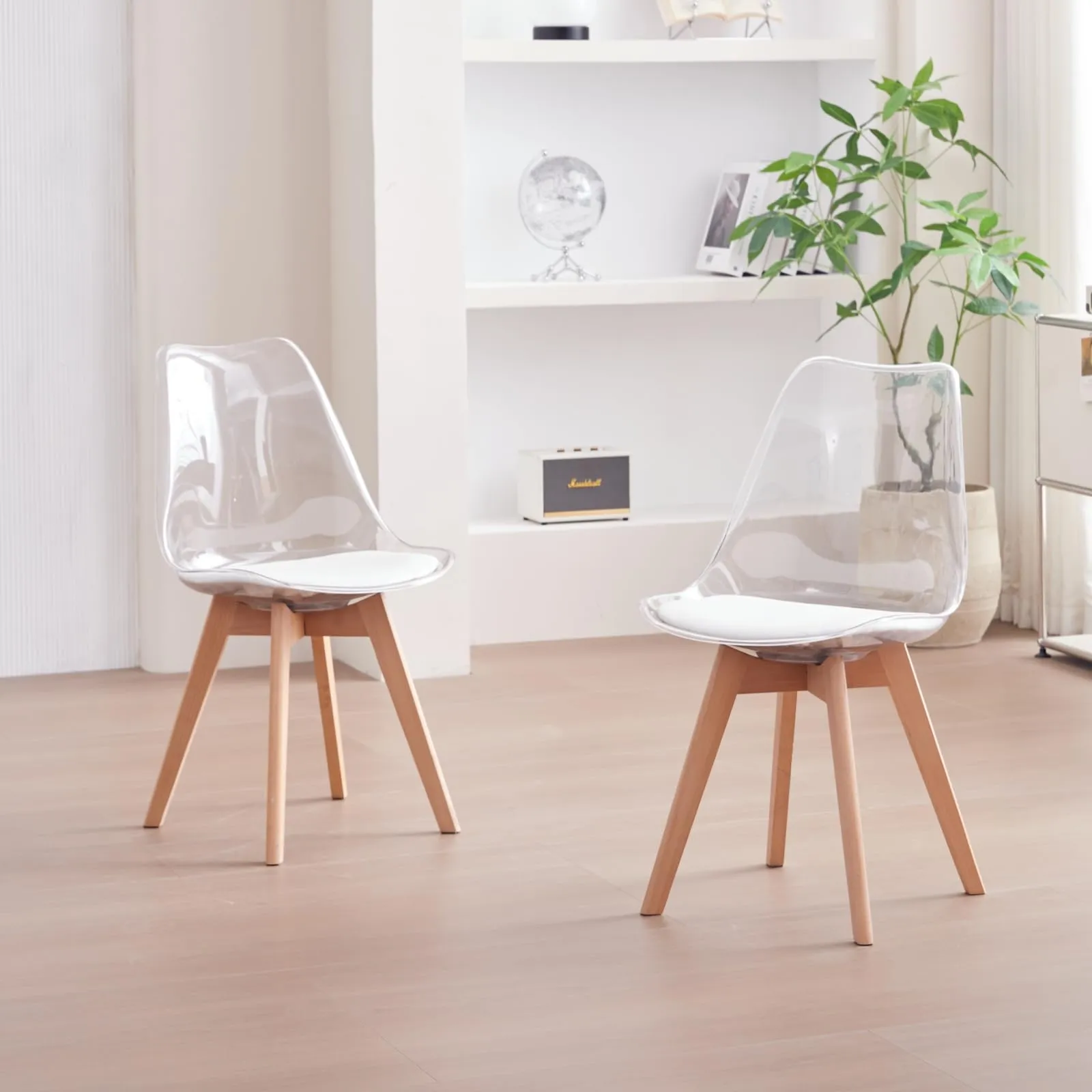JZGORC Set di 6 Sedie da Pranzo Moderne, Schienale Trasparente, Seduta in Pelle PU Bianca e Gambe in Legno di Faggio - immagine 8