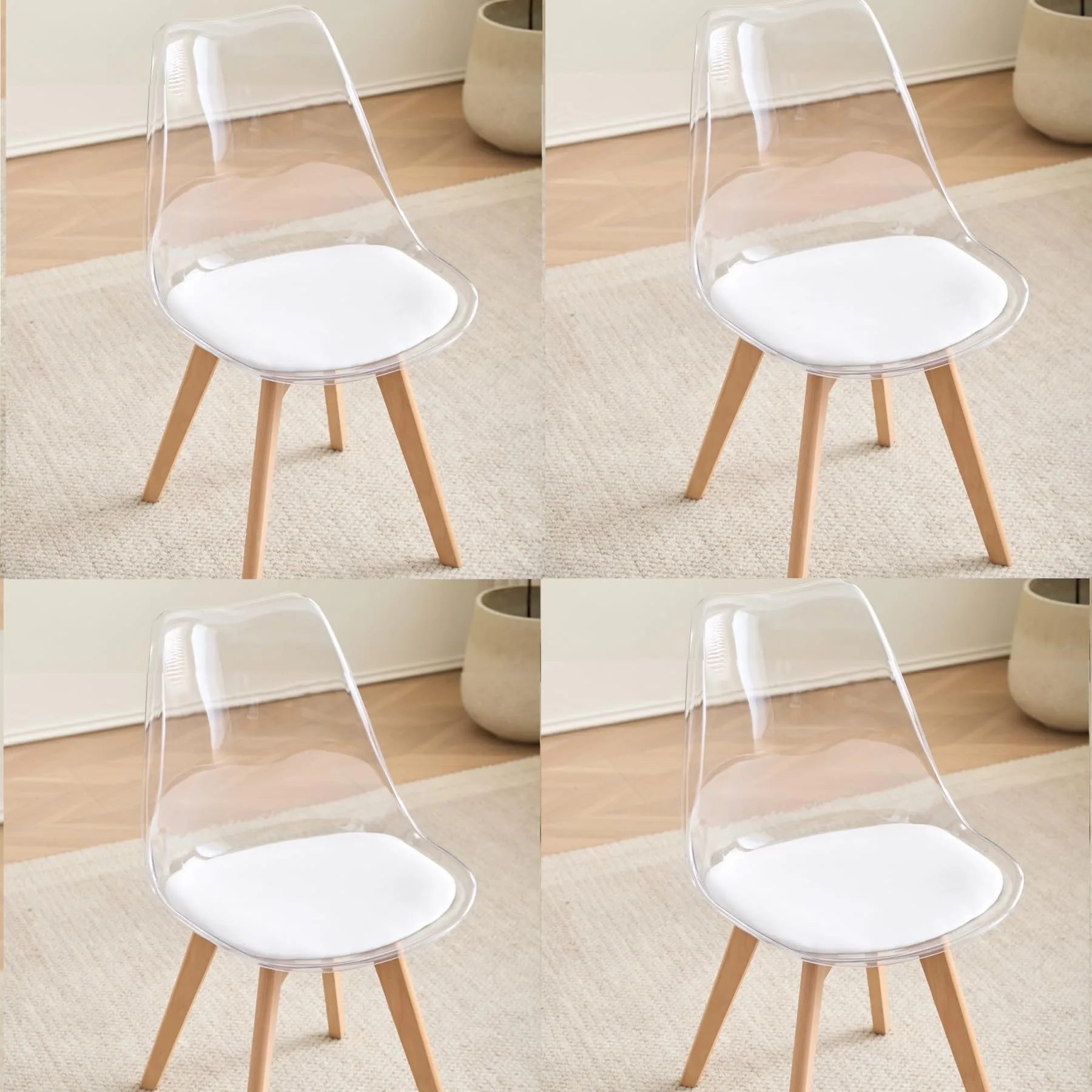JZGORC Set di 4 Sedie da Pranzo in Pelle PU Bianca e Plastica Trasparente con Gambe in Legno di Faggio - immagine 1