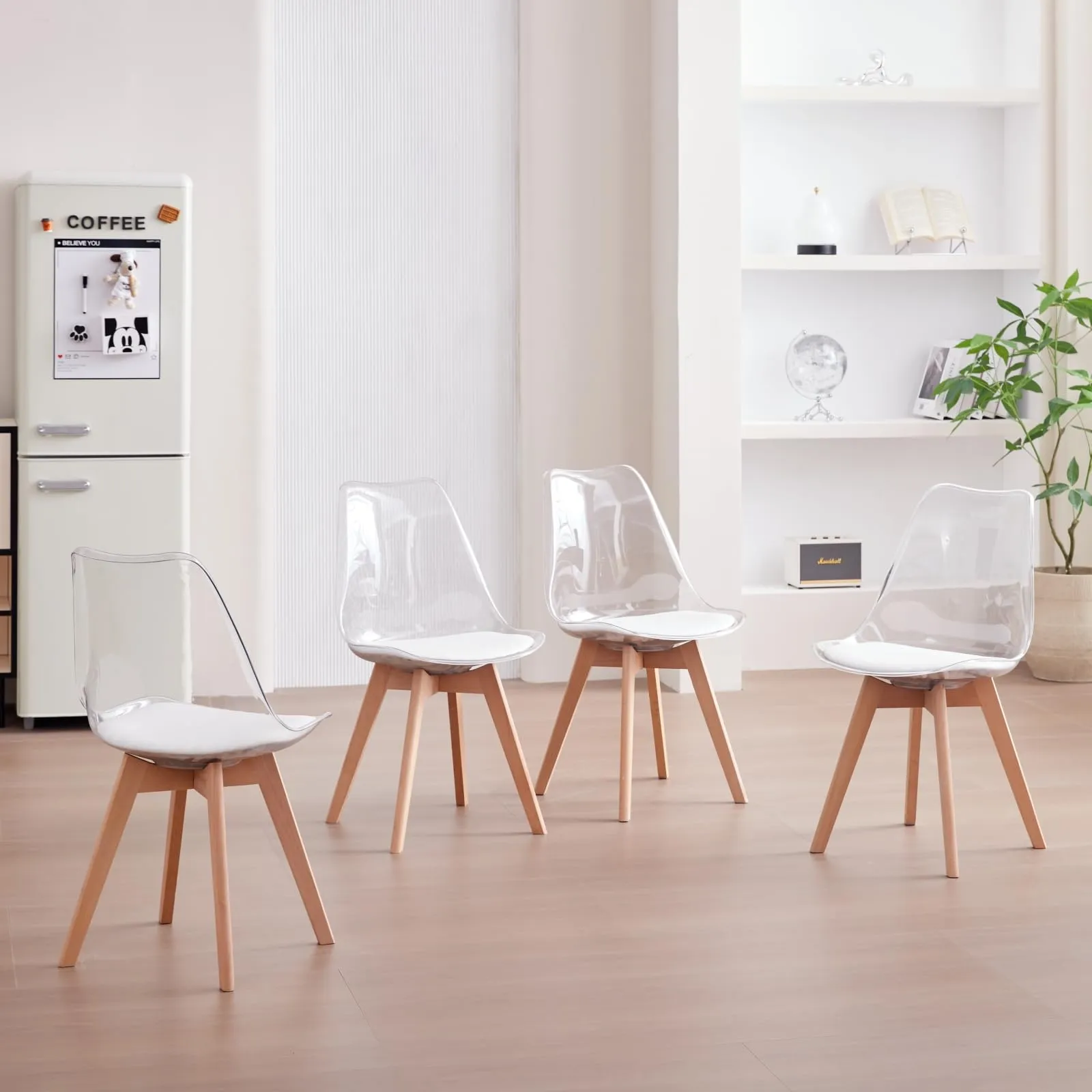 JZGORC Set di 4 Sedie da Pranzo in Pelle PU Bianca e Plastica Trasparente con Gambe in Legno di Faggio - immagine 8