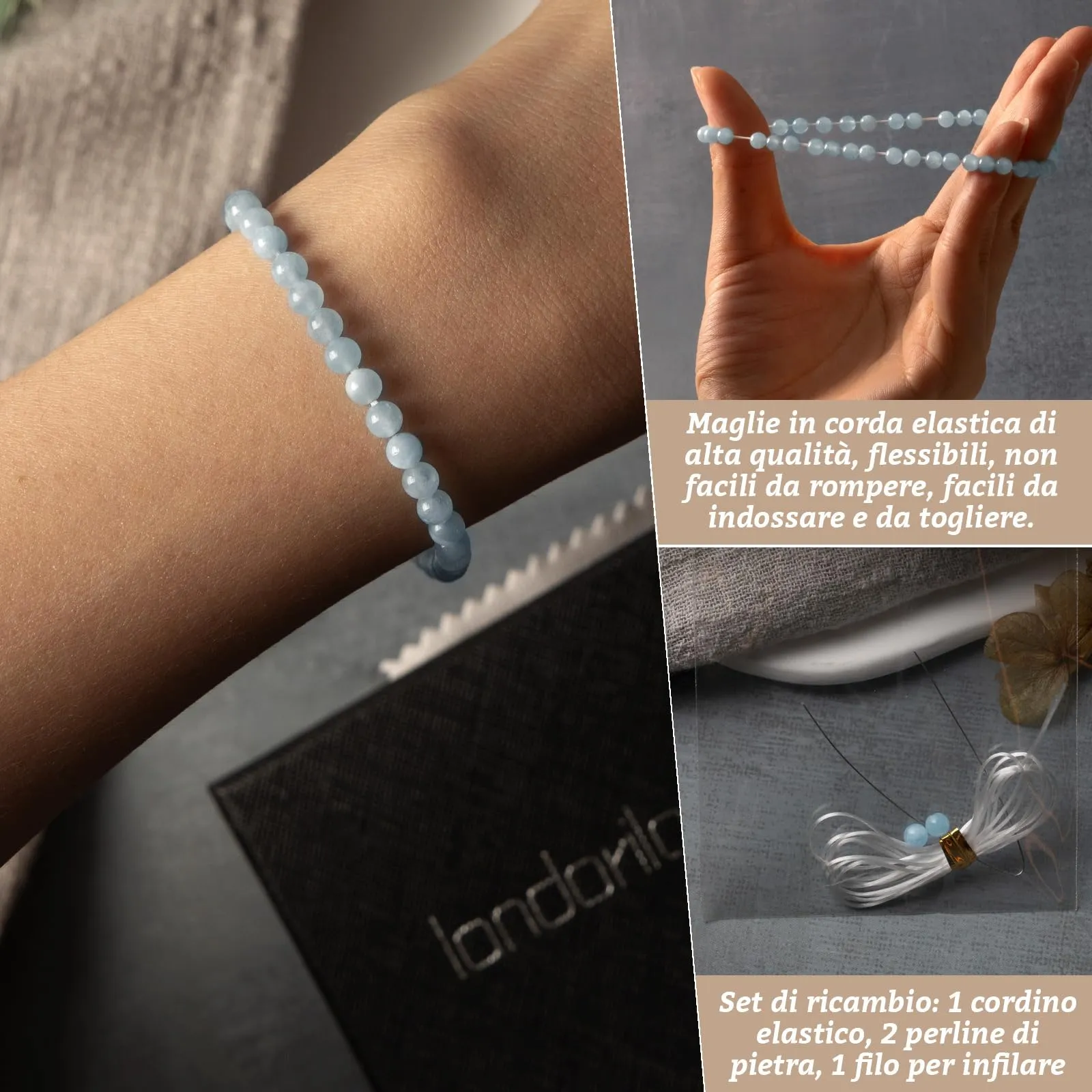Landorilo Bracciale in Pietra Naturale Acquamarina, 4 mm, 18-19 cm - immagine 5