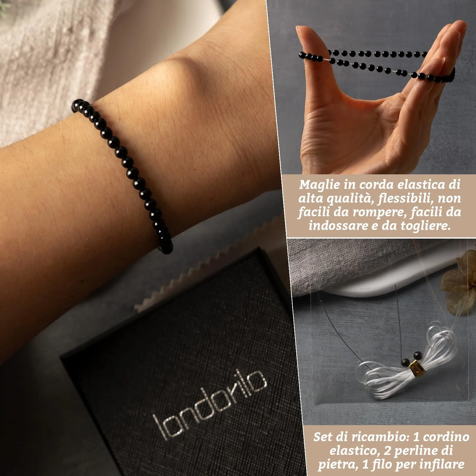 Landorilo Bracciale in Tormalina Nera, Pietra Naturale 4 mm, 18-19 cm - immagine 5
