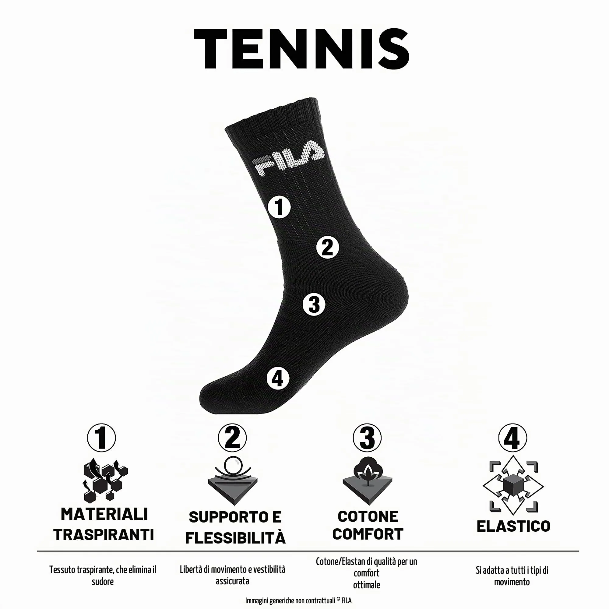 Fila Calzini Uomo Tennis, Set di 6, Bianchi, Taglie 35/38 - immagine 3