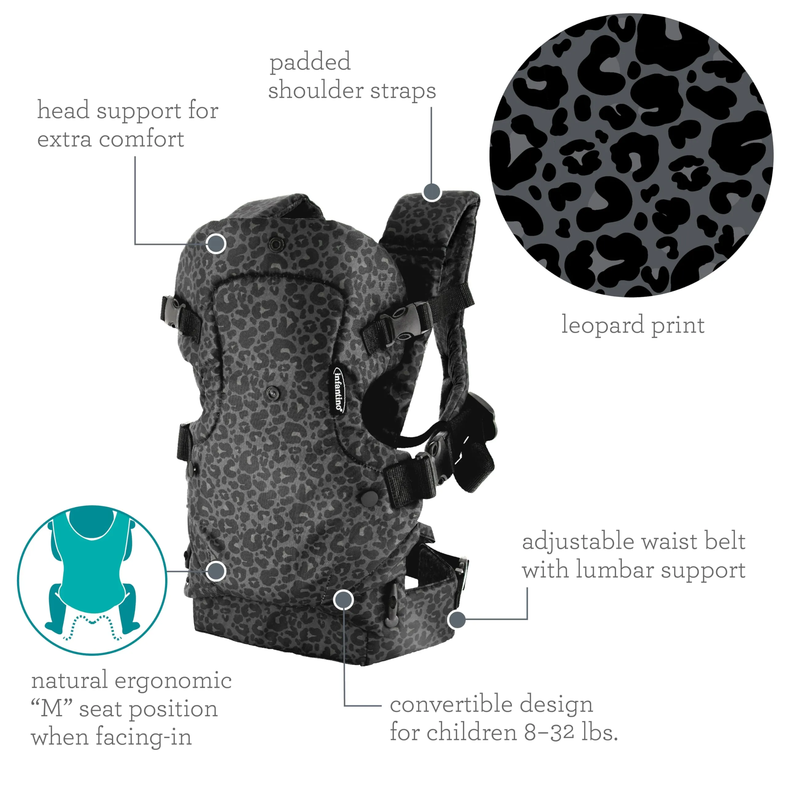 Infantino Marsupio Flip Advanced 4-in-1, Ergonomico e Convertibile, 3,6-14,5 kg, Leopardo Grigio - immagine 6