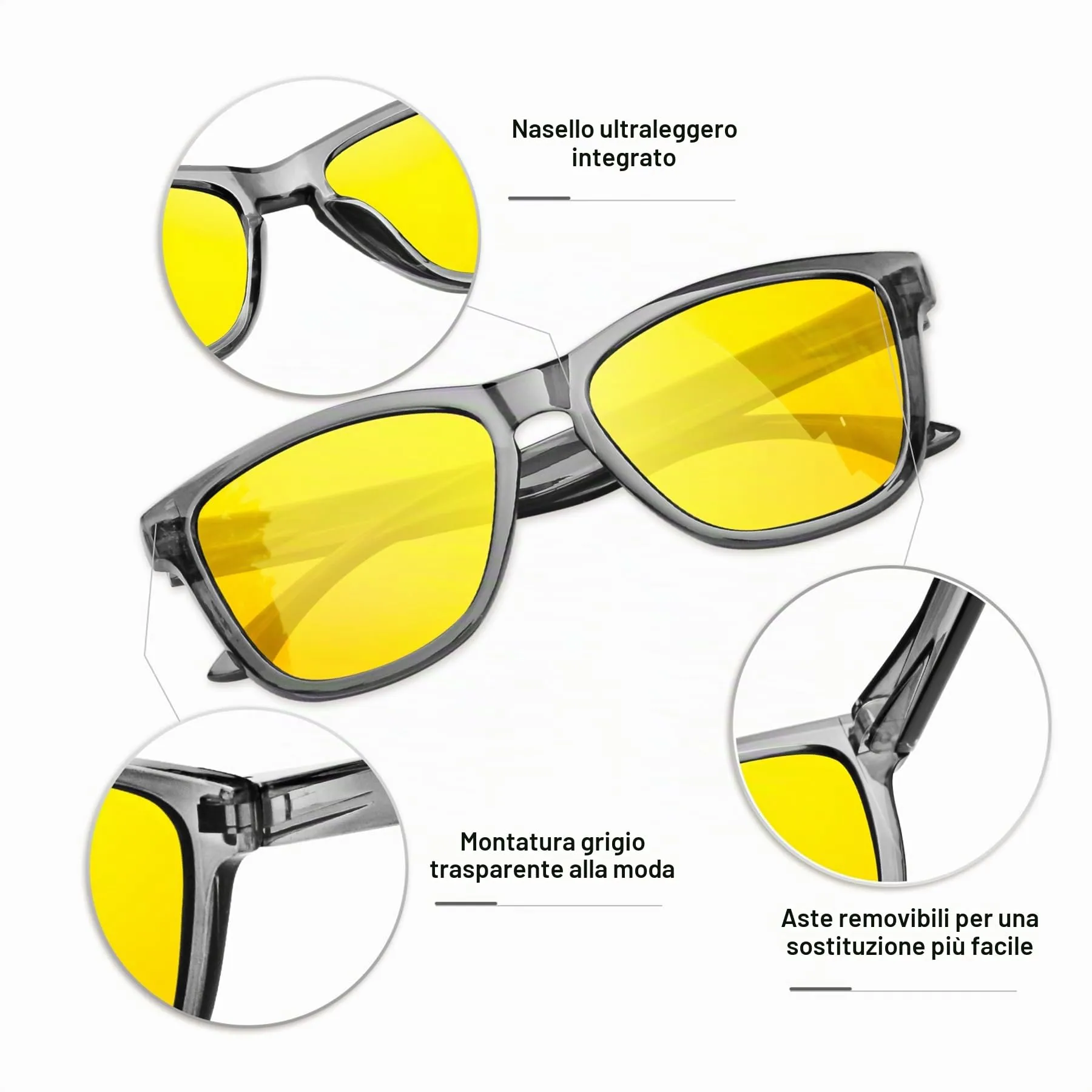 KANASTAL Occhiali Guida Notturna Unisex Lenti Gialle Montatura Grigia - immagine 4