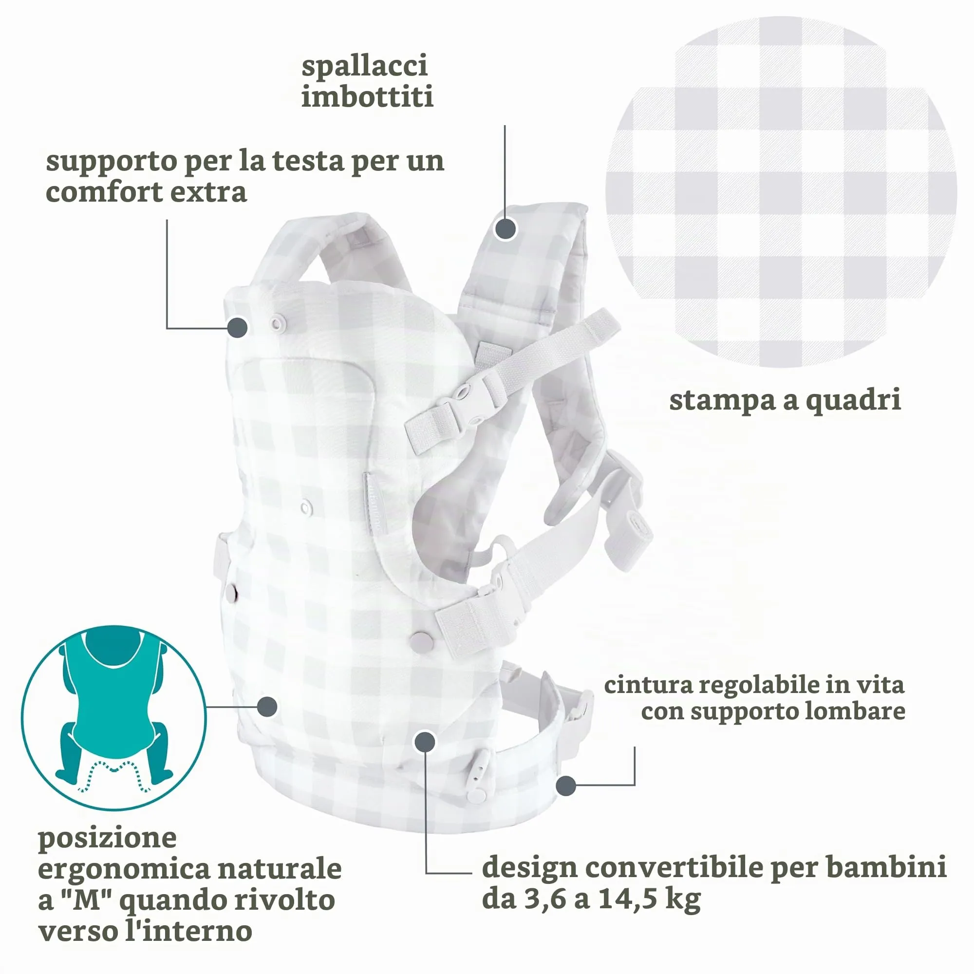 Infantino Flip Advanced Marsupio Neonato 4-in-1 Ergonomico, Trasporto Frontale e Dorsale, 3,6-14,5 kg, Gingham - immagine 6