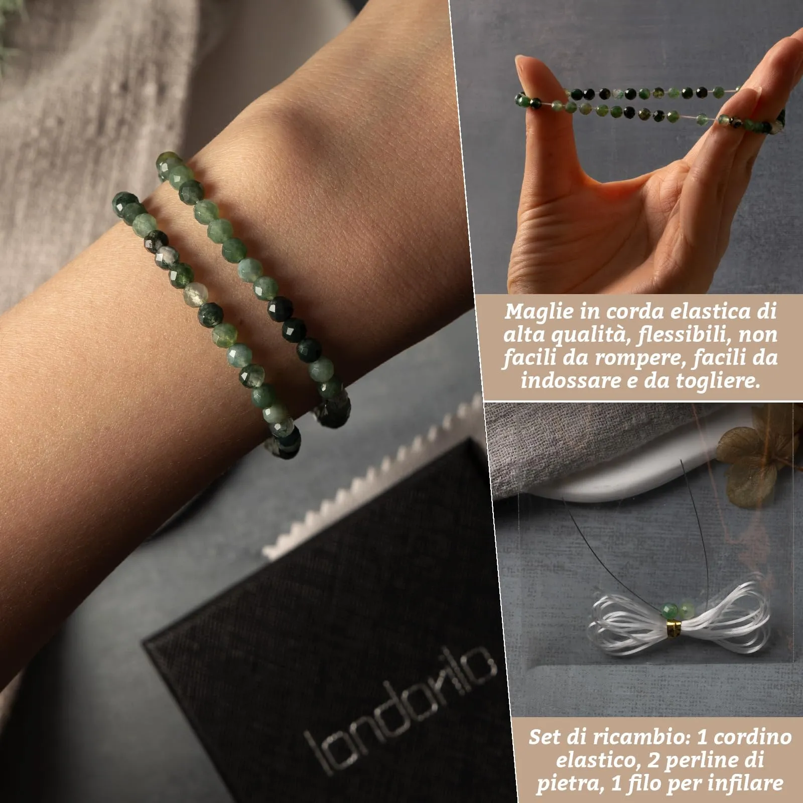 Landorilo Bracciale in Agata Muschiata, Pietra Naturale Sfaccettata 4 mm, 18-19 cm, Set da 2 Pezzi - immagine 5