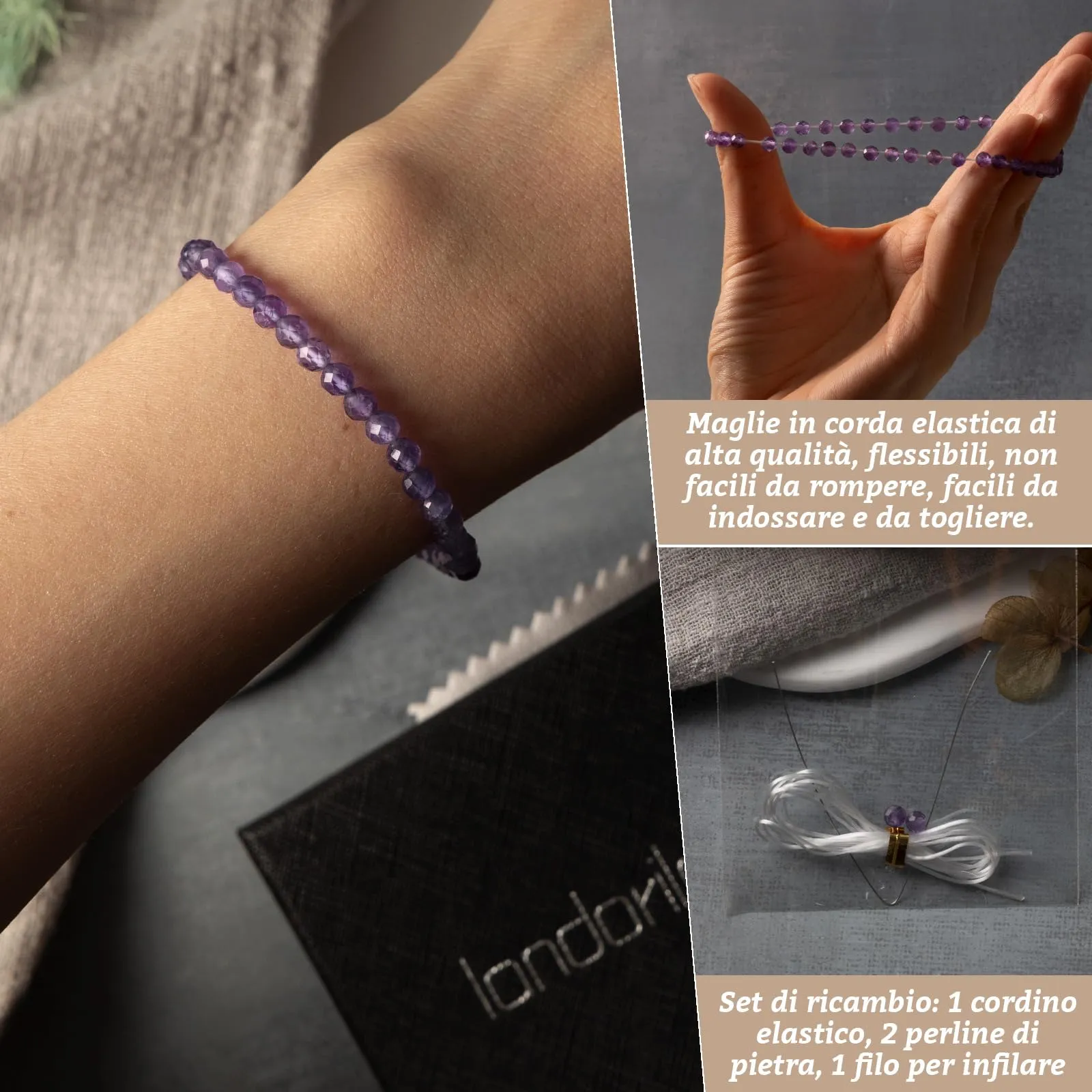 Landorilo Bracciale in Ametista Naturale Sfaccettata, 4 mm - immagine 5
