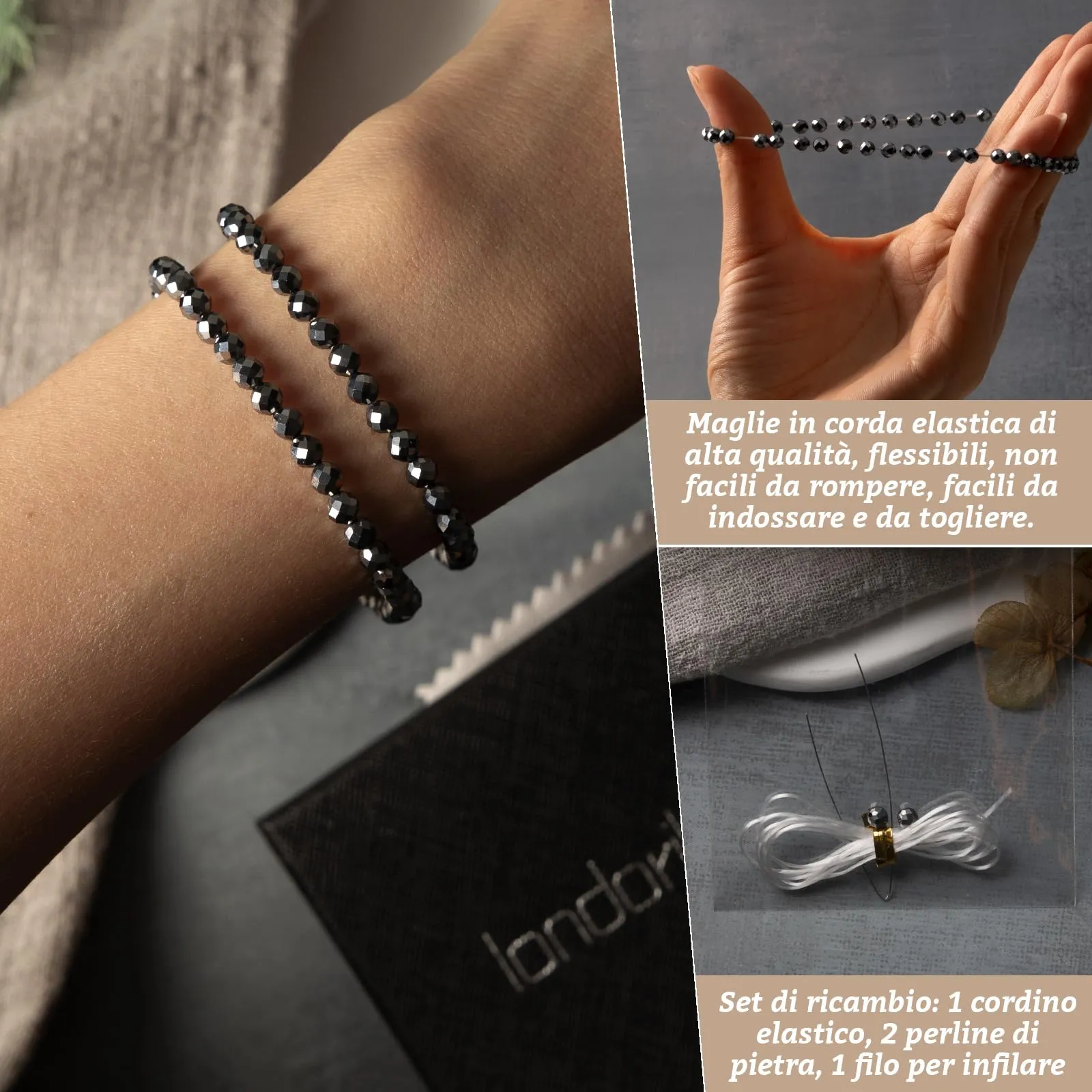 Landorilo Bracciale in Pietra Naturale Terahertz 4 mm, 18-19 cm, Set da 2 Pezzi - immagine 5