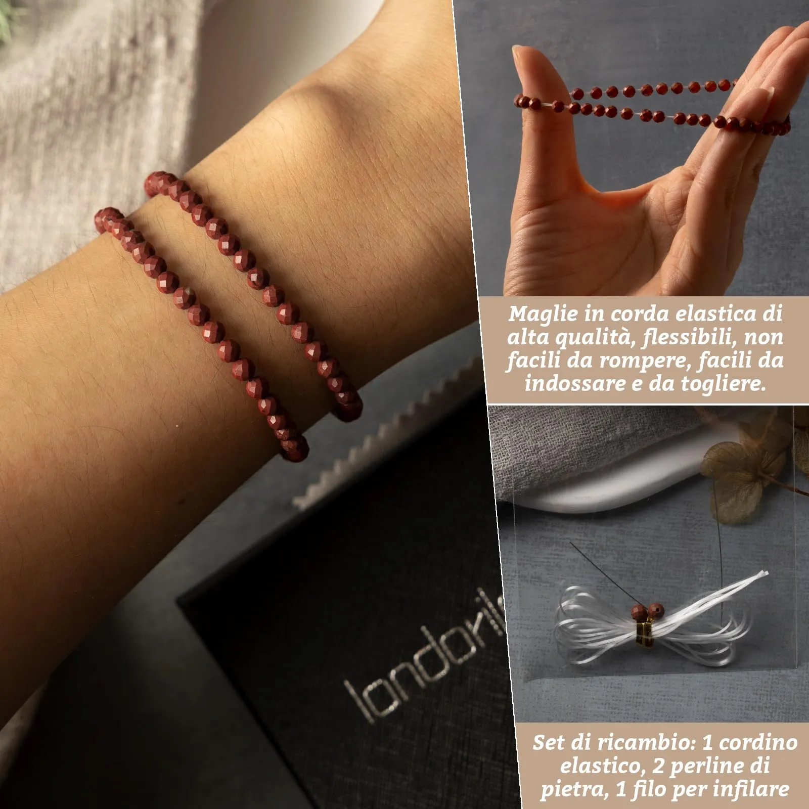 Landorilo Bracciale in Pietra Naturale Diaspro Rosso, 4 mm, 18-19 cm, Set da 2 Pezzi - immagine 5